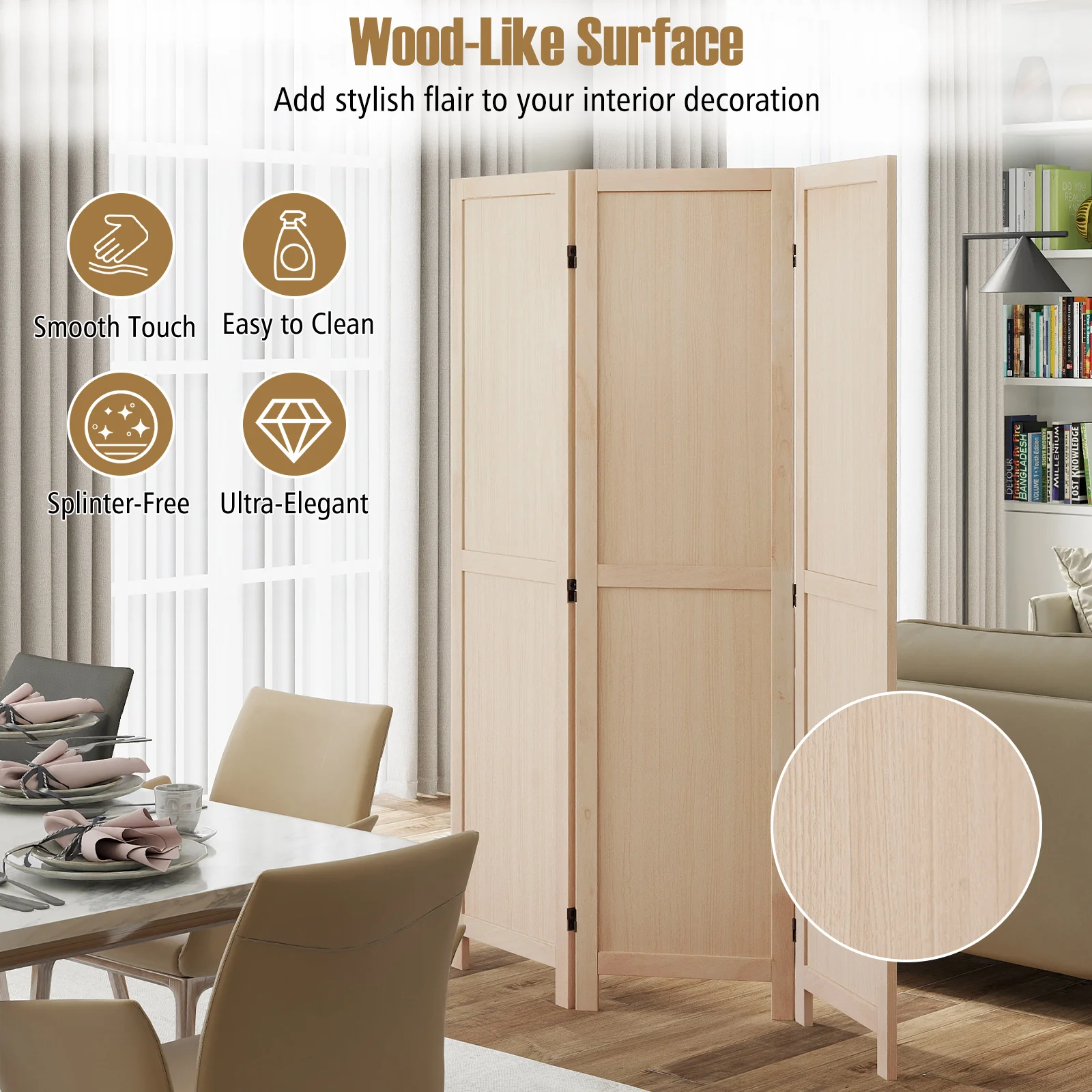 3 Panel Folding Room Divider for Home Office Bedroom Restaurant, Beige - Image 8