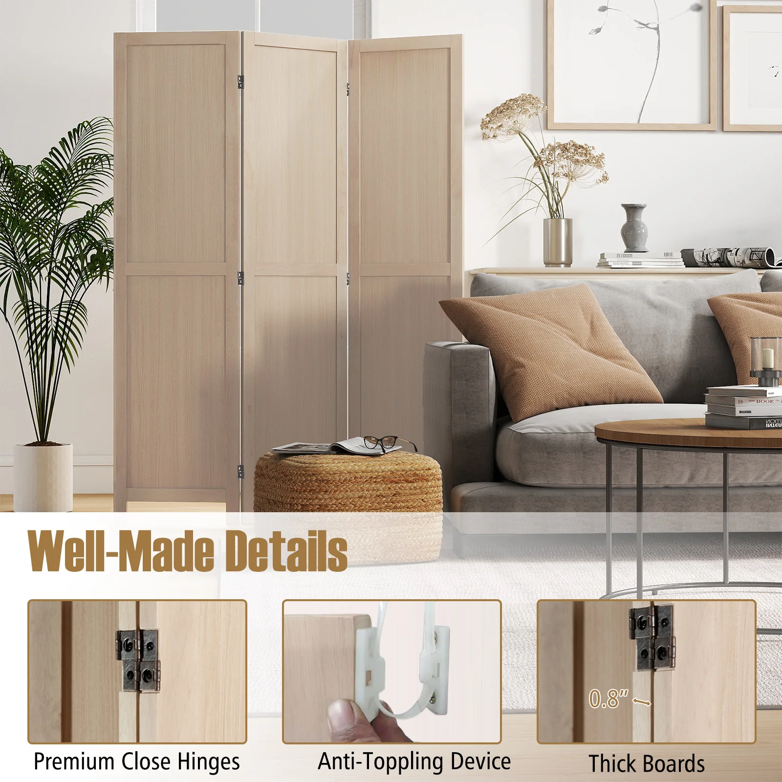 3 Panel Folding Room Divider for Home Office Bedroom Restaurant, Beige - Image 9