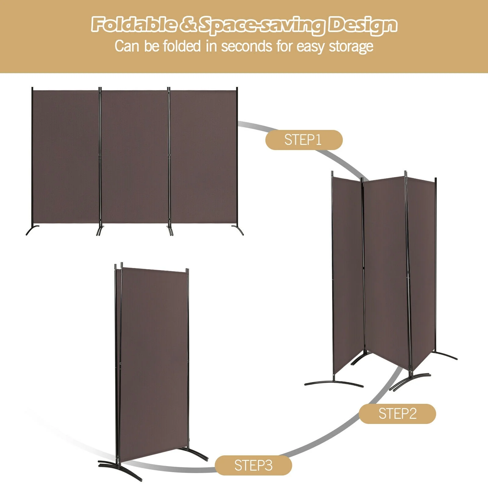 3-Panel Folding Room Divider Privacy Screen, Brown - Image 10
