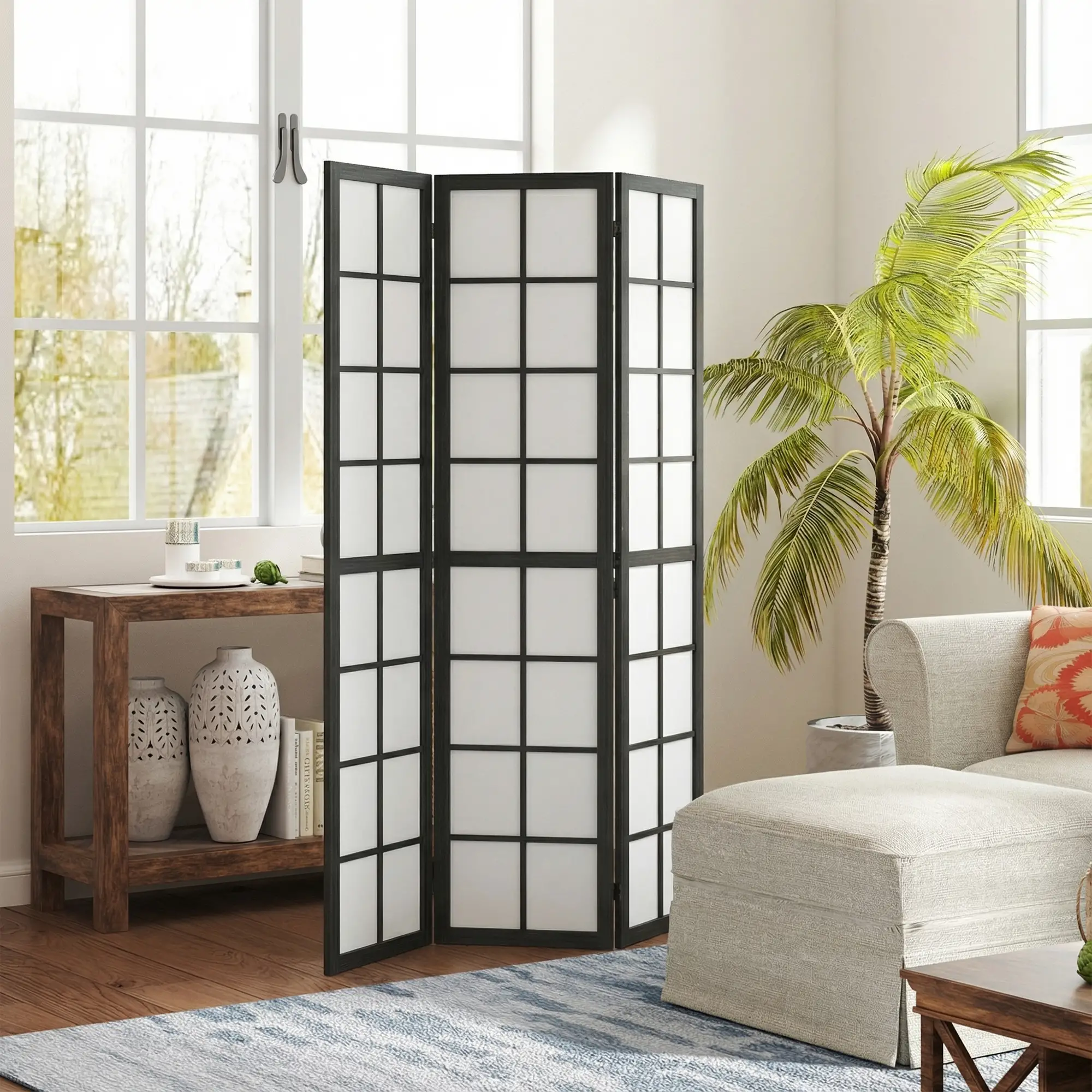 3 Panel Room Divider, 5.6 ft Folding Partition, Black - Image 2