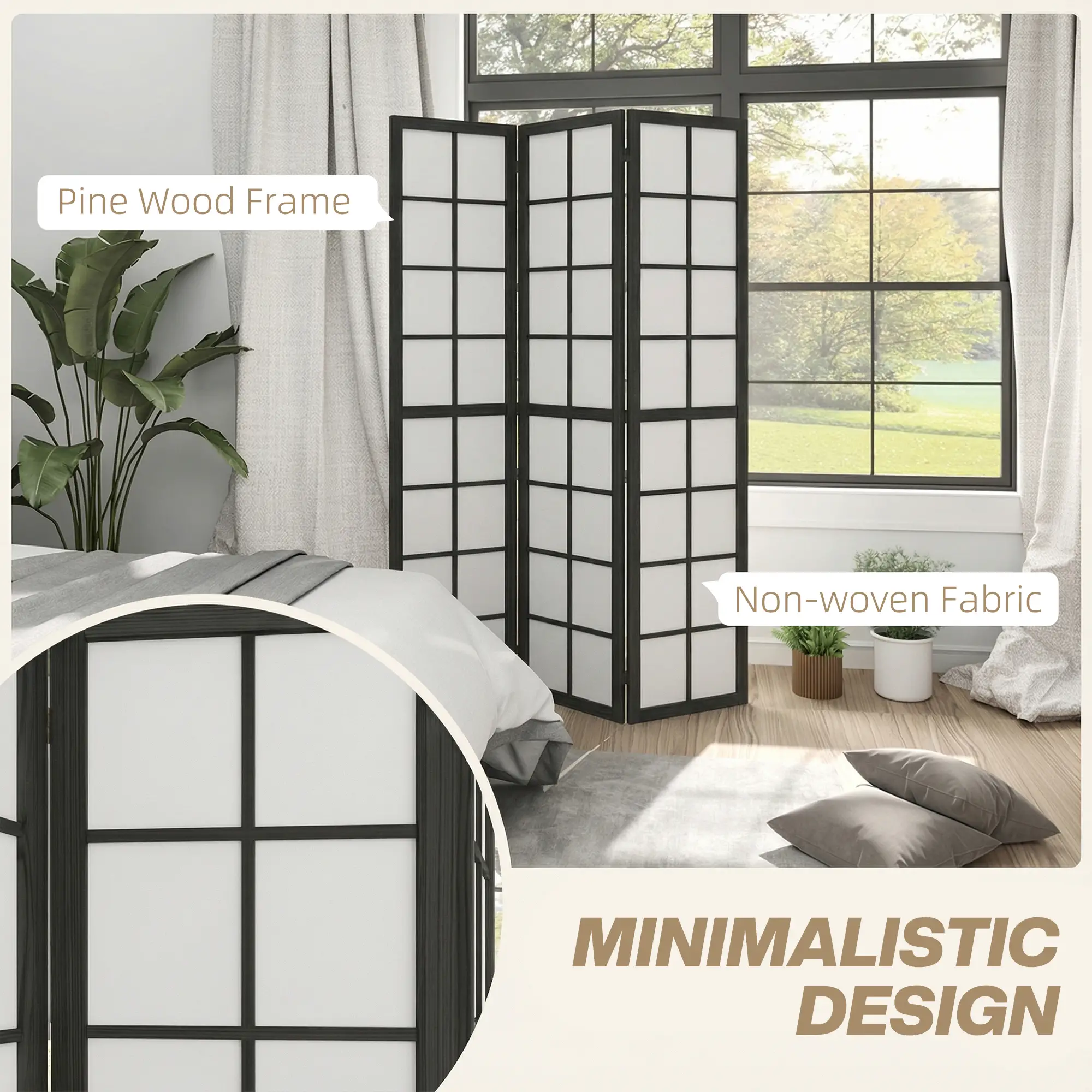 3 Panel Room Divider, 5.6 ft Folding Partition, Black - Image 4
