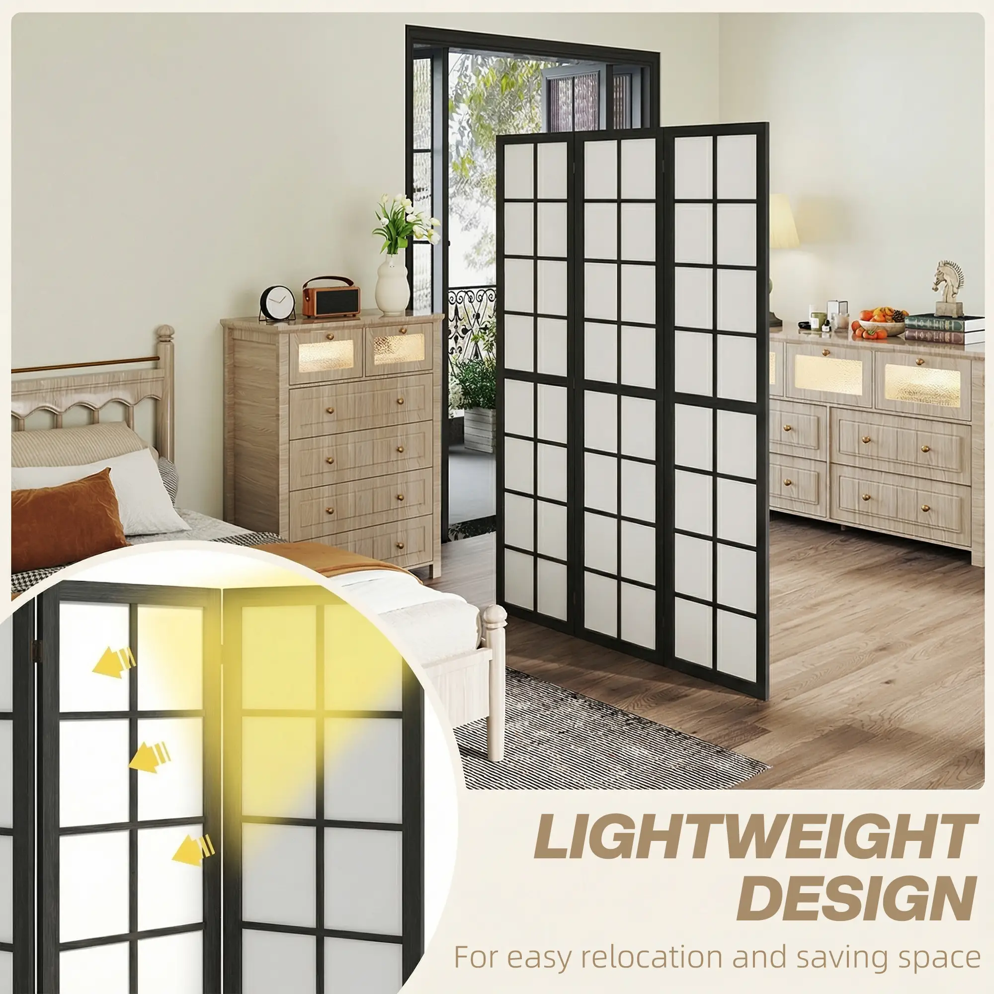 3 Panel Room Divider, 5.6 ft Folding Partition, Black - Image 6