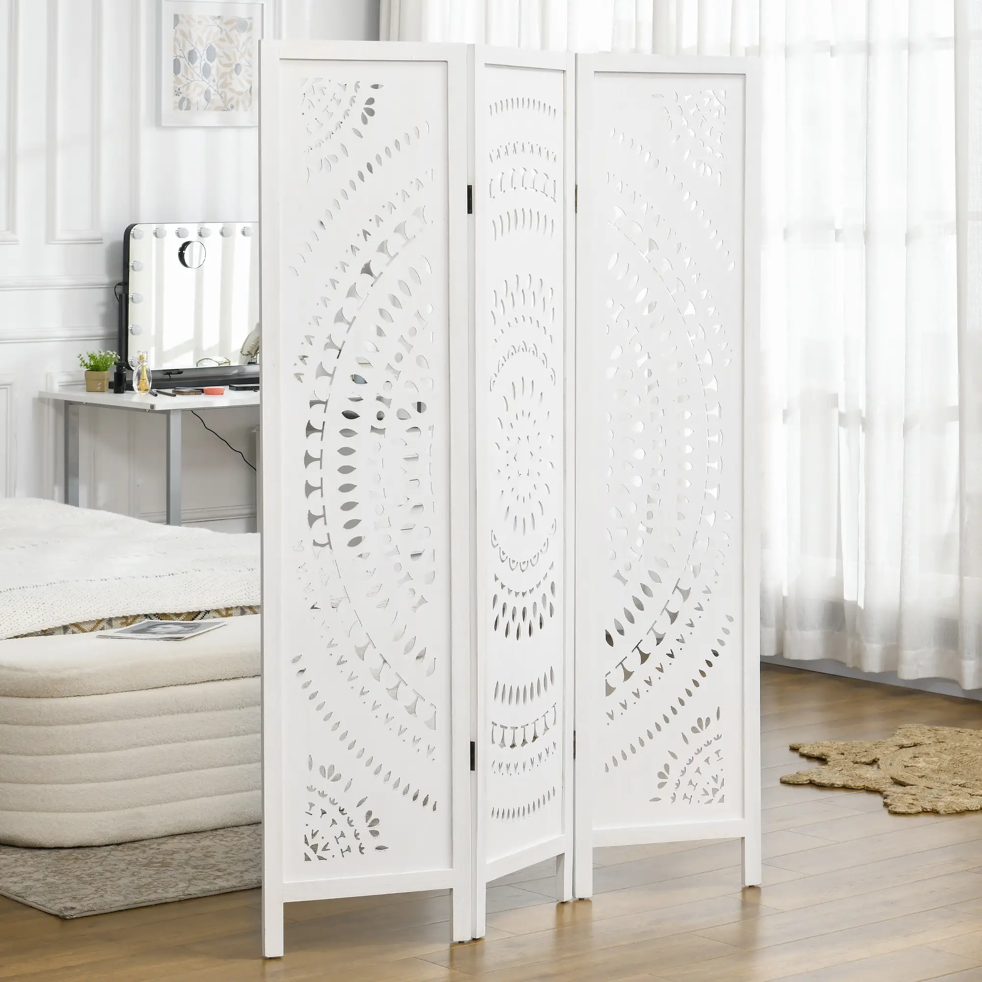 3 Panel Room Divider, 5.6 Ft Tall, Portable Folding Privacy Screen, White - Image 2