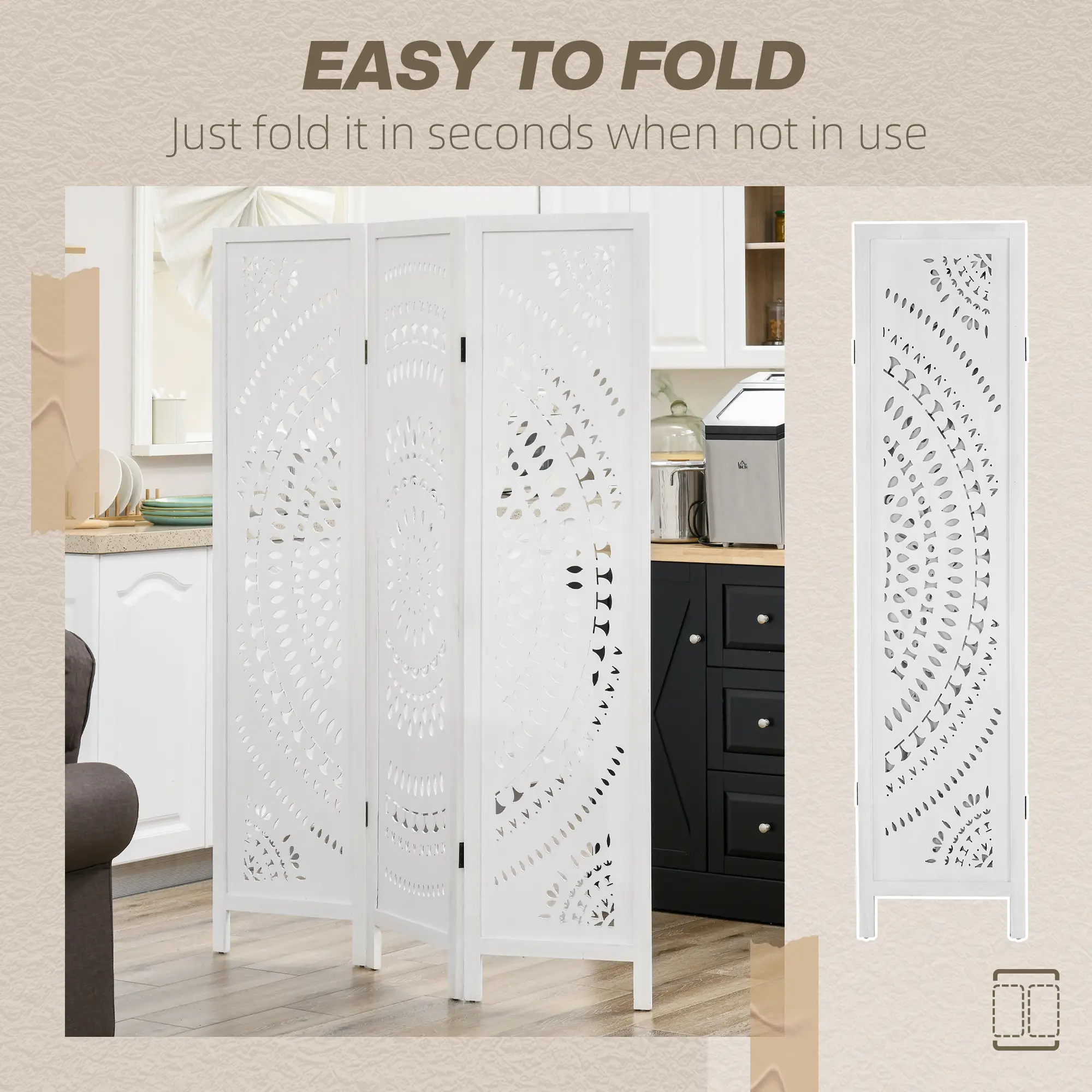 3 Panel Room Divider, 5.6 Ft Tall, Portable Folding Privacy Screen, White - Image 6
