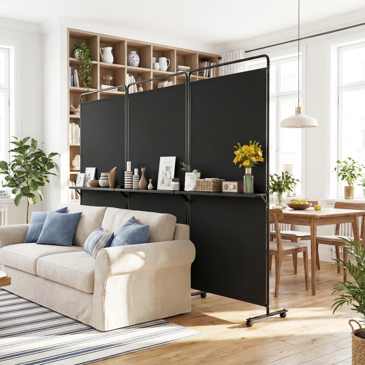 3-Panel Room Divider With Shelves, 6 FT Tall, Black - Image 2