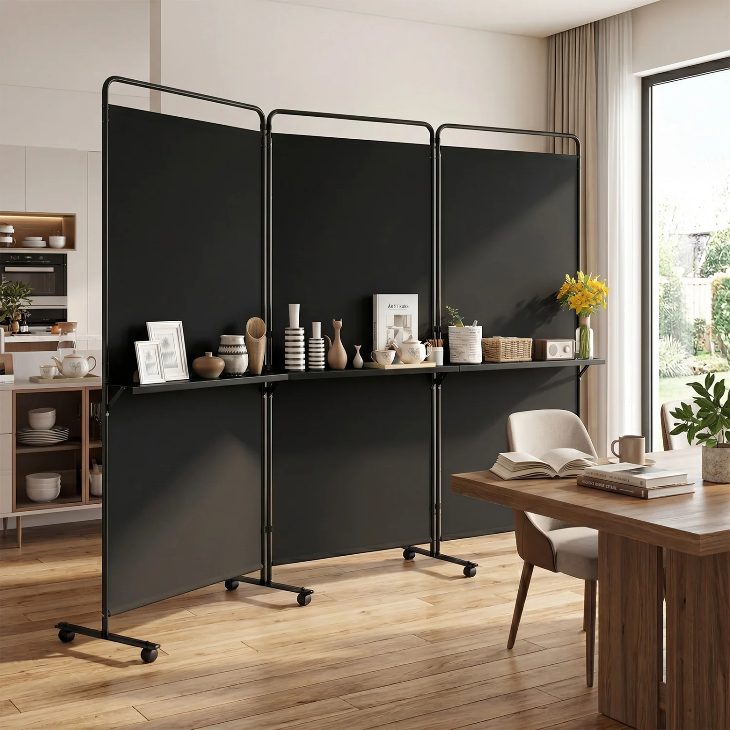 3-Panel Room Divider With Shelves, 6 FT Tall, Black - Image 3