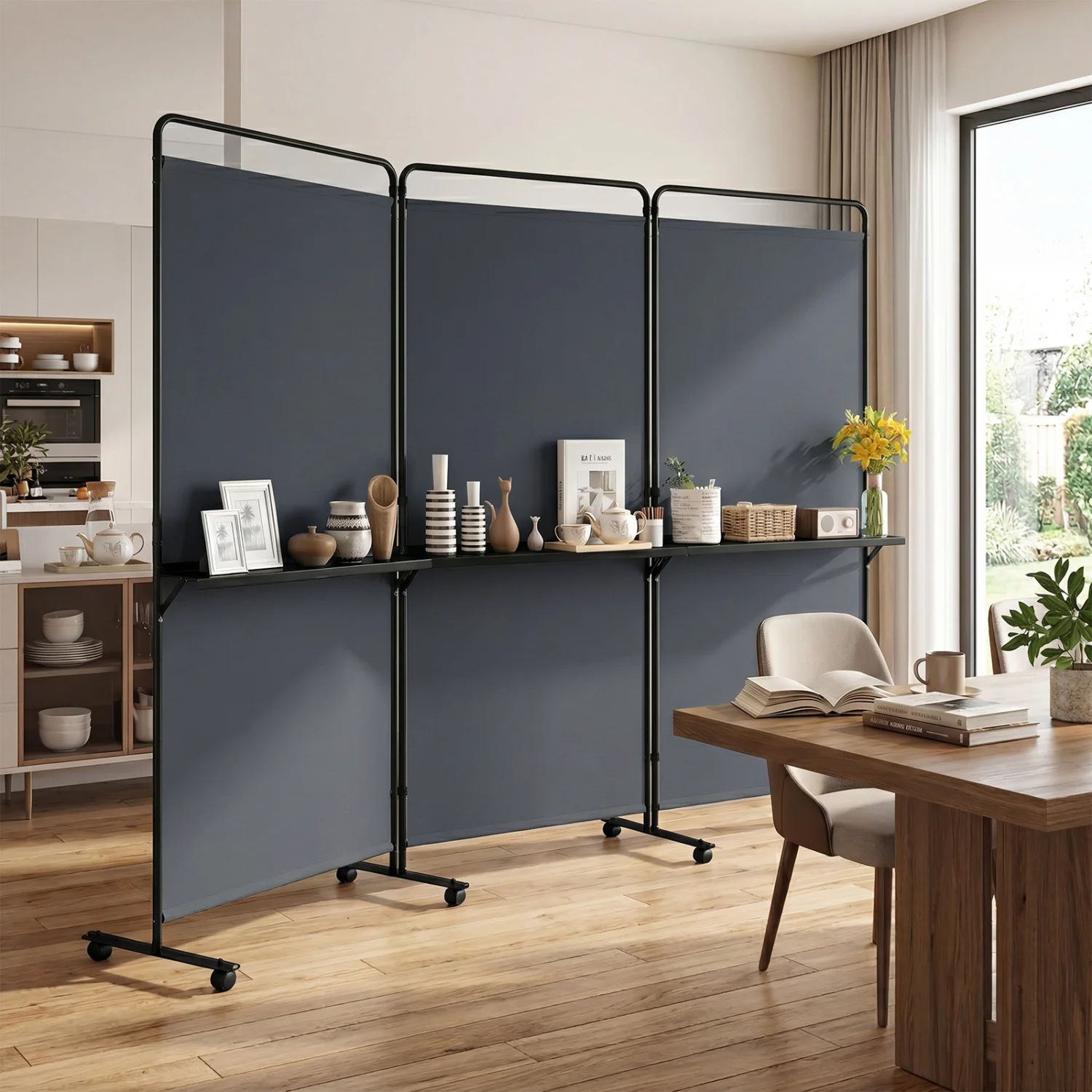 3-Panel Room Divider with Shelves, 6 FT Tall, Gray - Image 3