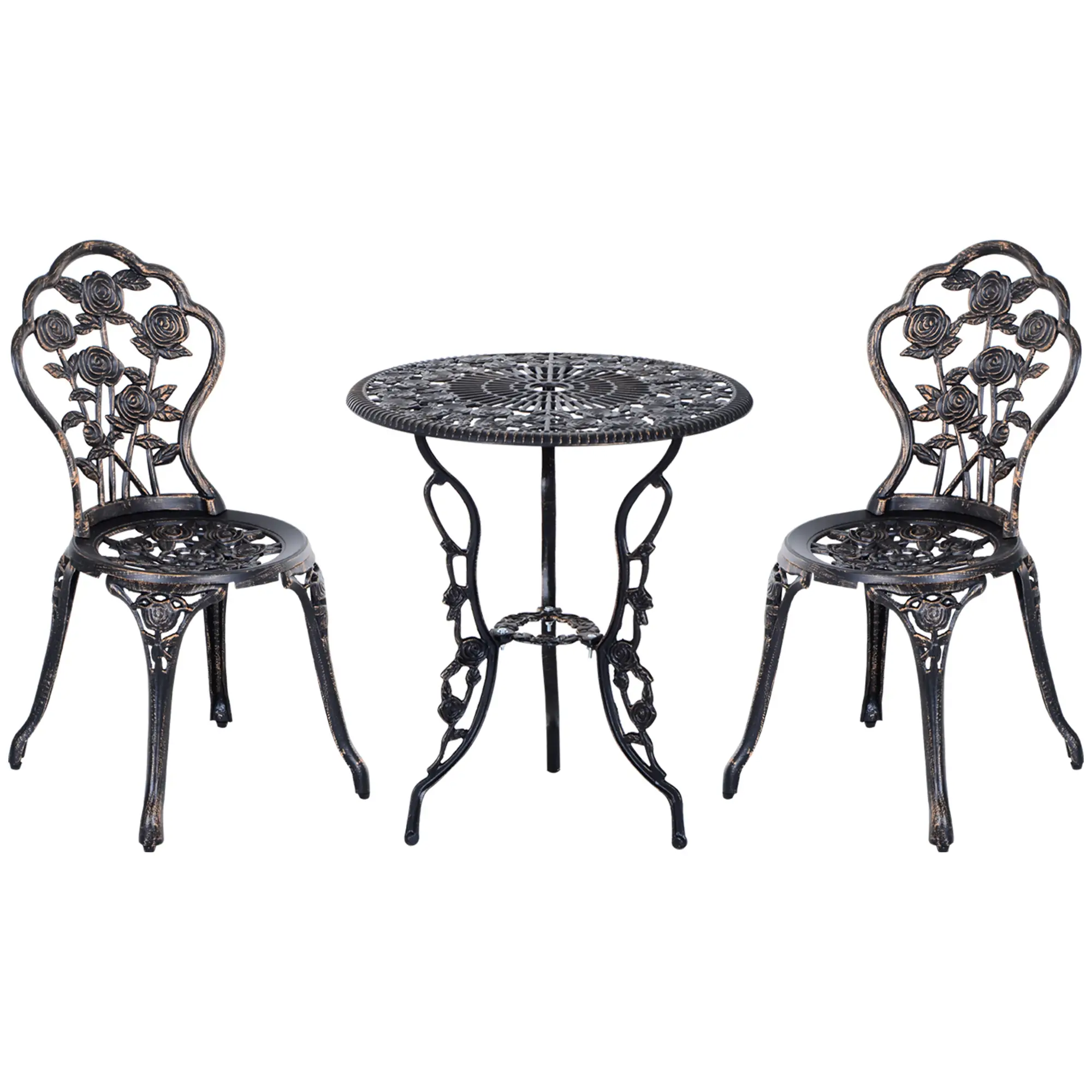 3 Pc Aluminum Bistro Set, Outdoor Patio Table and Chairs, Floral, Bronze