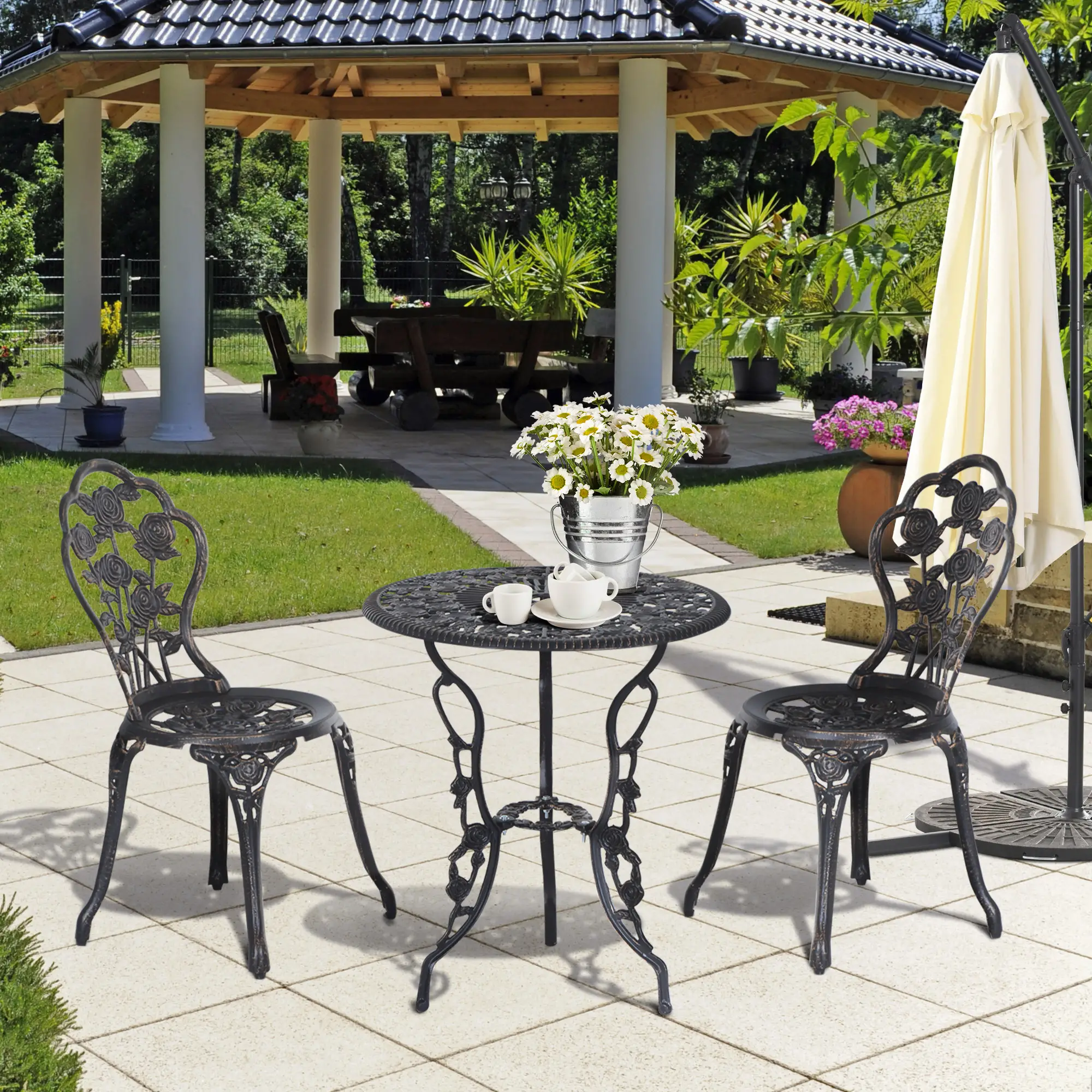 3 Pc Aluminum Bistro Set, Outdoor Patio Table and Chairs, Floral, Bronze - Image 2