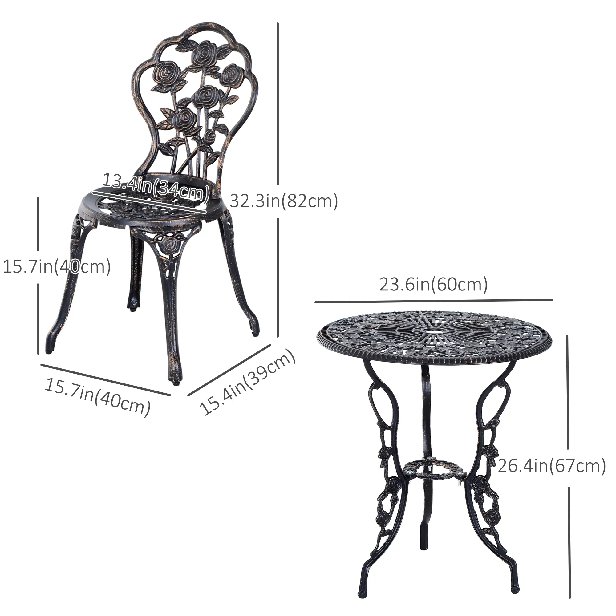 3 Pc Aluminum Bistro Set, Outdoor Patio Table and Chairs, Floral, Bronze - Image 3