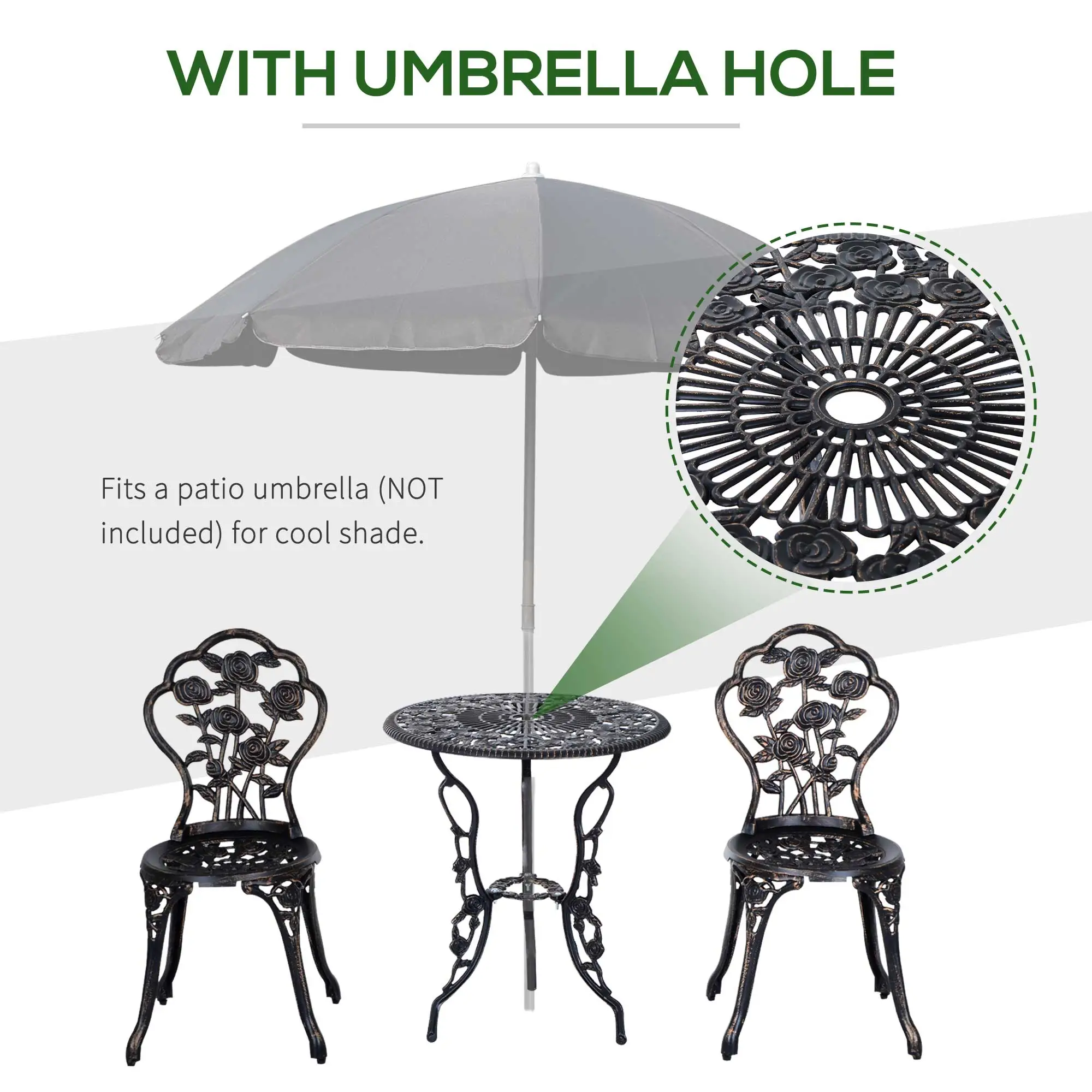 3 Pc Aluminum Bistro Set, Outdoor Patio Table and Chairs, Floral, Bronze - Image 4