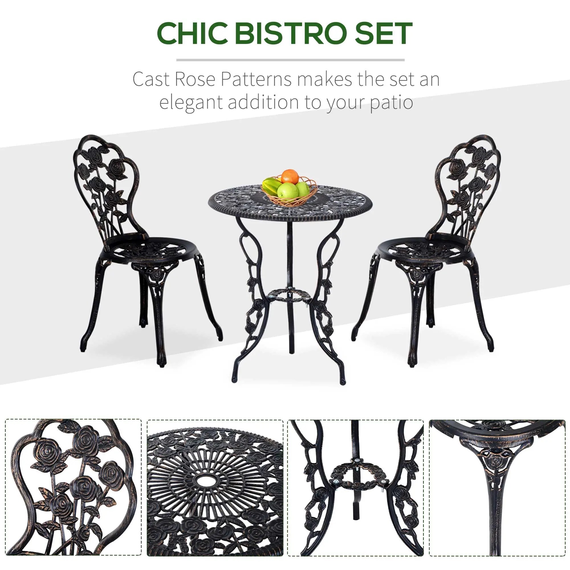 3 Pc Aluminum Bistro Set, Outdoor Patio Table and Chairs, Floral, Bronze - Image 5