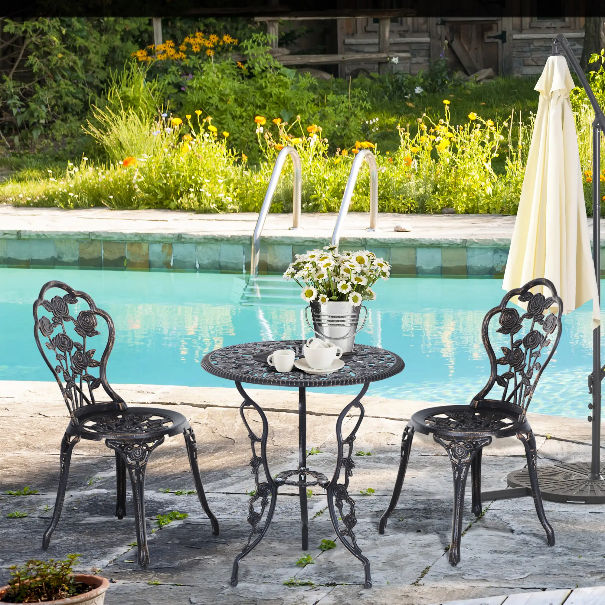 3 Pc Aluminum Bistro Set, Outdoor Patio Table and Chairs, Floral, Bronze - Image 8