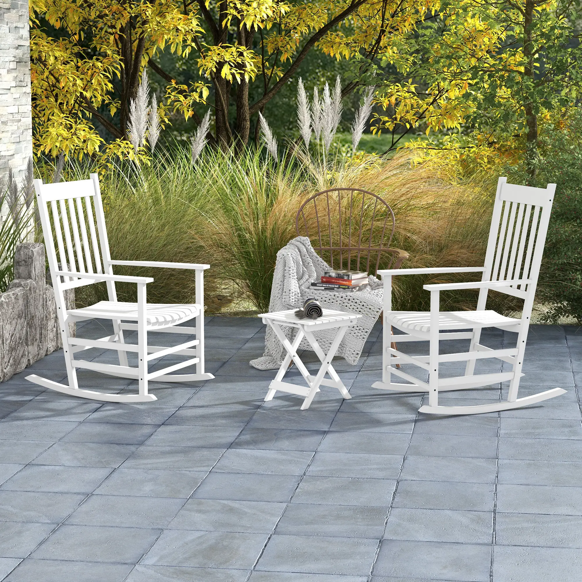 3 Pc Outdoor Rocking Chair Set, Wooden Patio Chairs with Table, White - Image 2