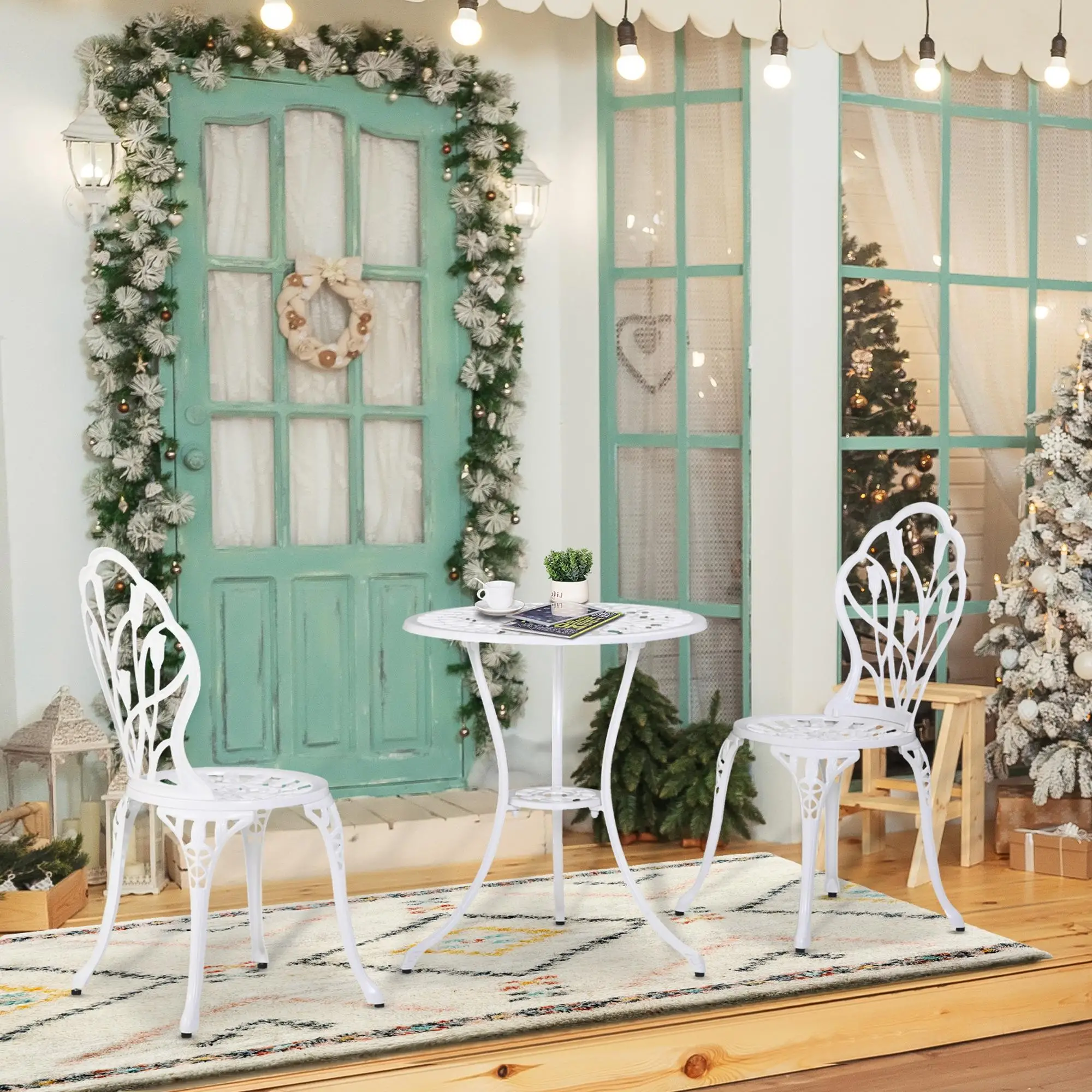 3 Pc Patio Bistro Set, Outdoor Cast Aluminum Table and Chairs, White - Image 2