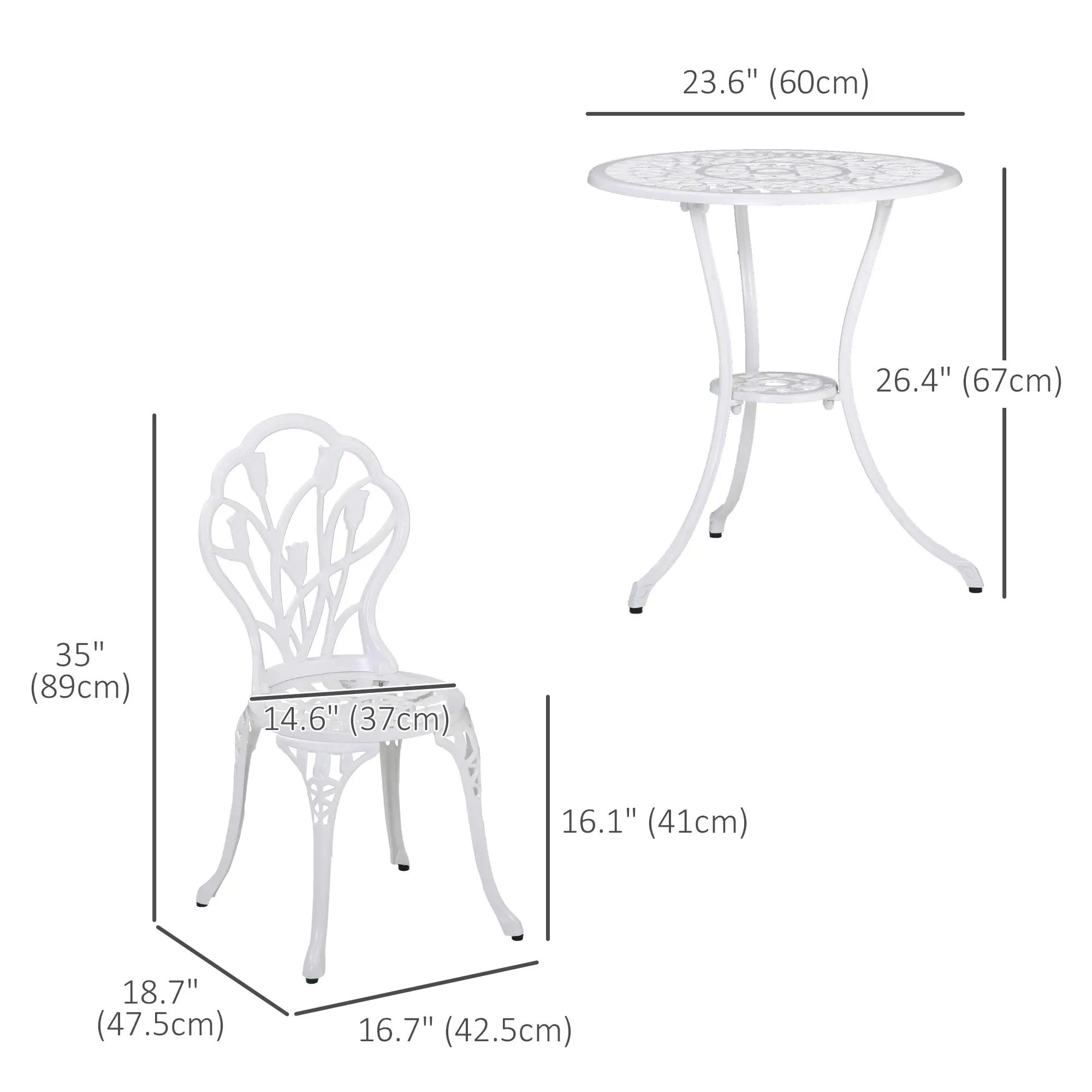 3 Pc Patio Bistro Set, Outdoor Cast Aluminum Table and Chairs, White - Image 3