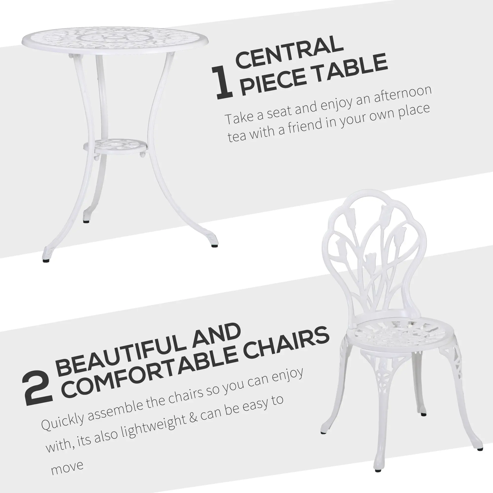 3 Pc Patio Bistro Set, Outdoor Cast Aluminum Table and Chairs, White - Image 4