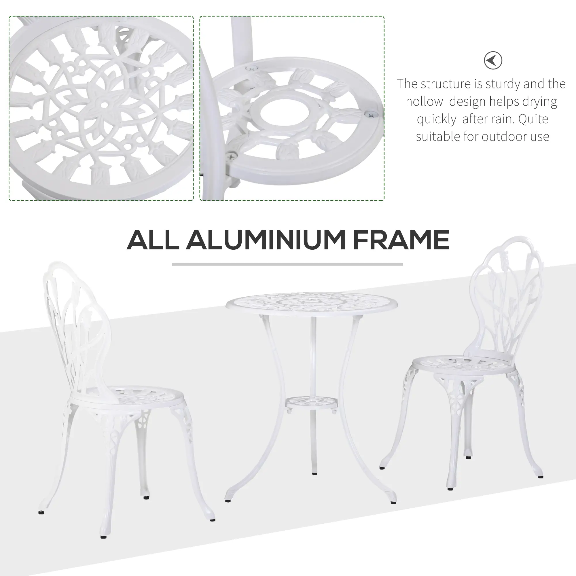 3 Pc Patio Bistro Set, Outdoor Cast Aluminum Table and Chairs, White - Image 5