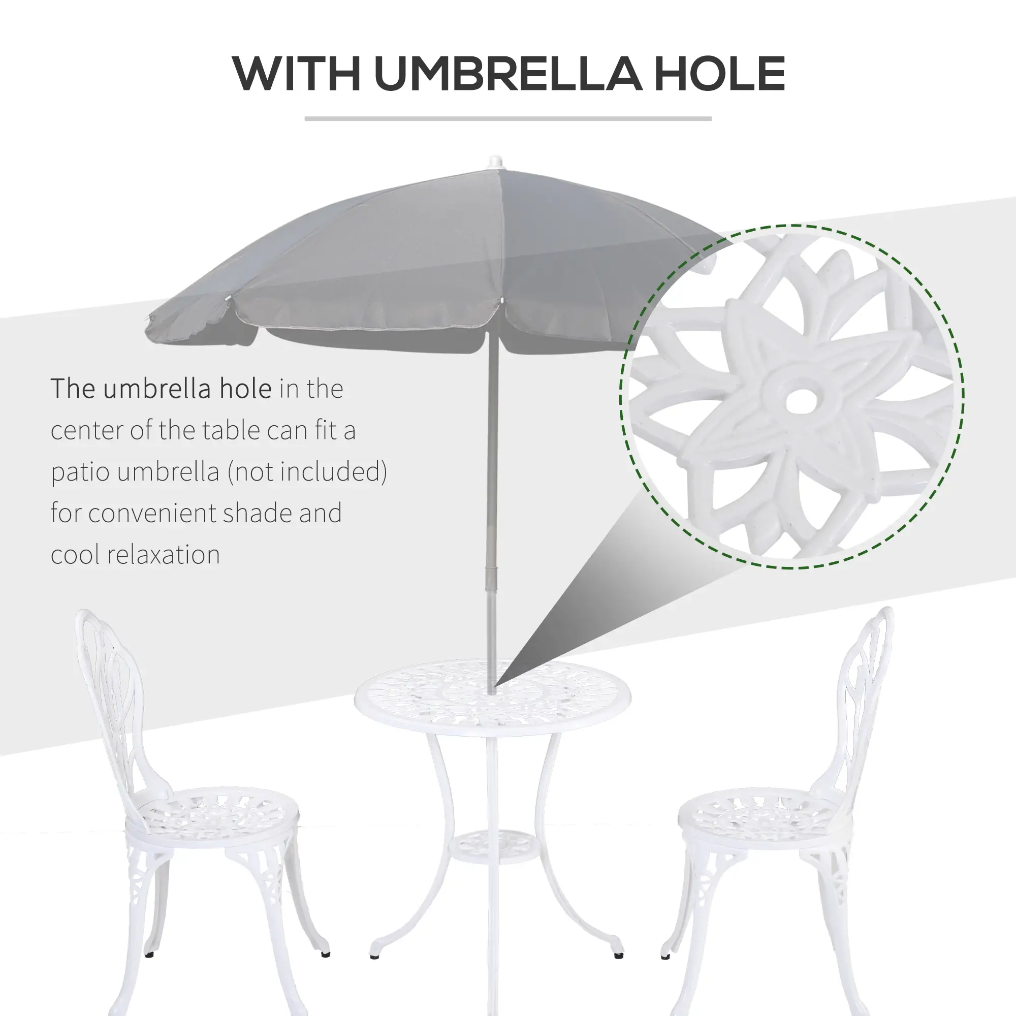 3 Pc Patio Bistro Set, Outdoor Cast Aluminum Table and Chairs, White - Image 6