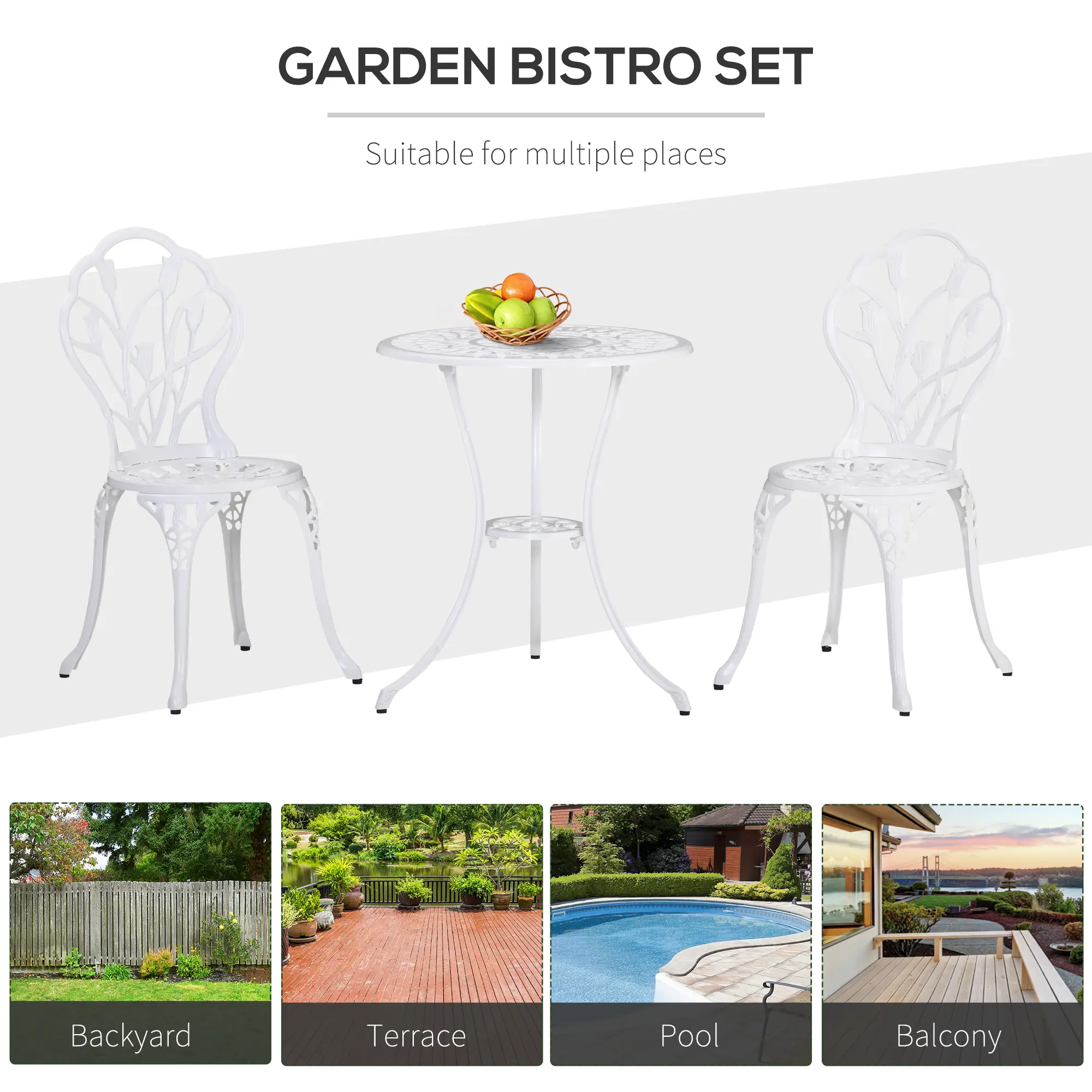 3 Pc Patio Bistro Set, Outdoor Cast Aluminum Table and Chairs, White - Image 7