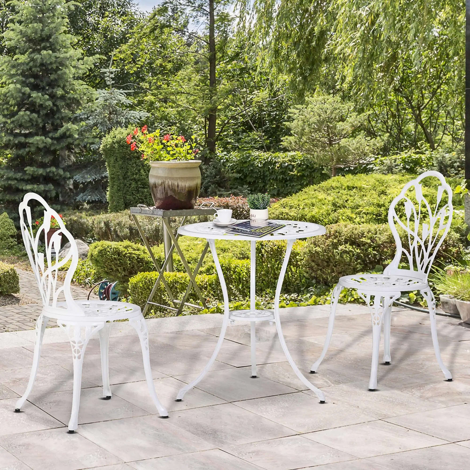 3 Pc Patio Bistro Set, Outdoor Cast Aluminum Table and Chairs, White - Image 8