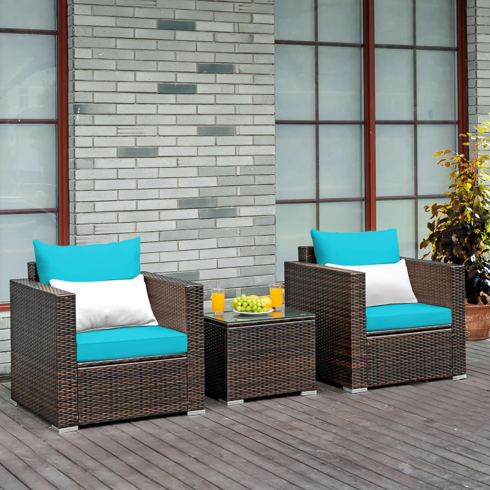 3 Pc Patio Rattan Furniture Set With Cushion, Turquoise - Image 10