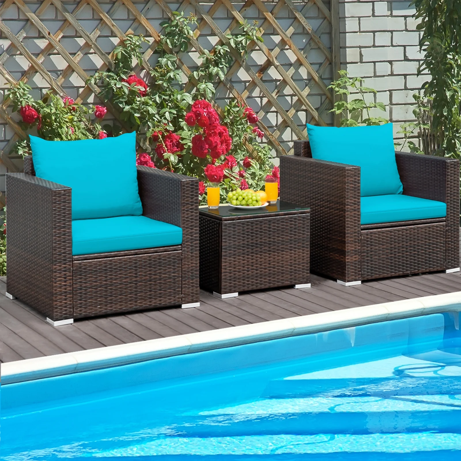 3 Pc Patio Rattan Furniture Set With Cushion, Turquoise - Image 2