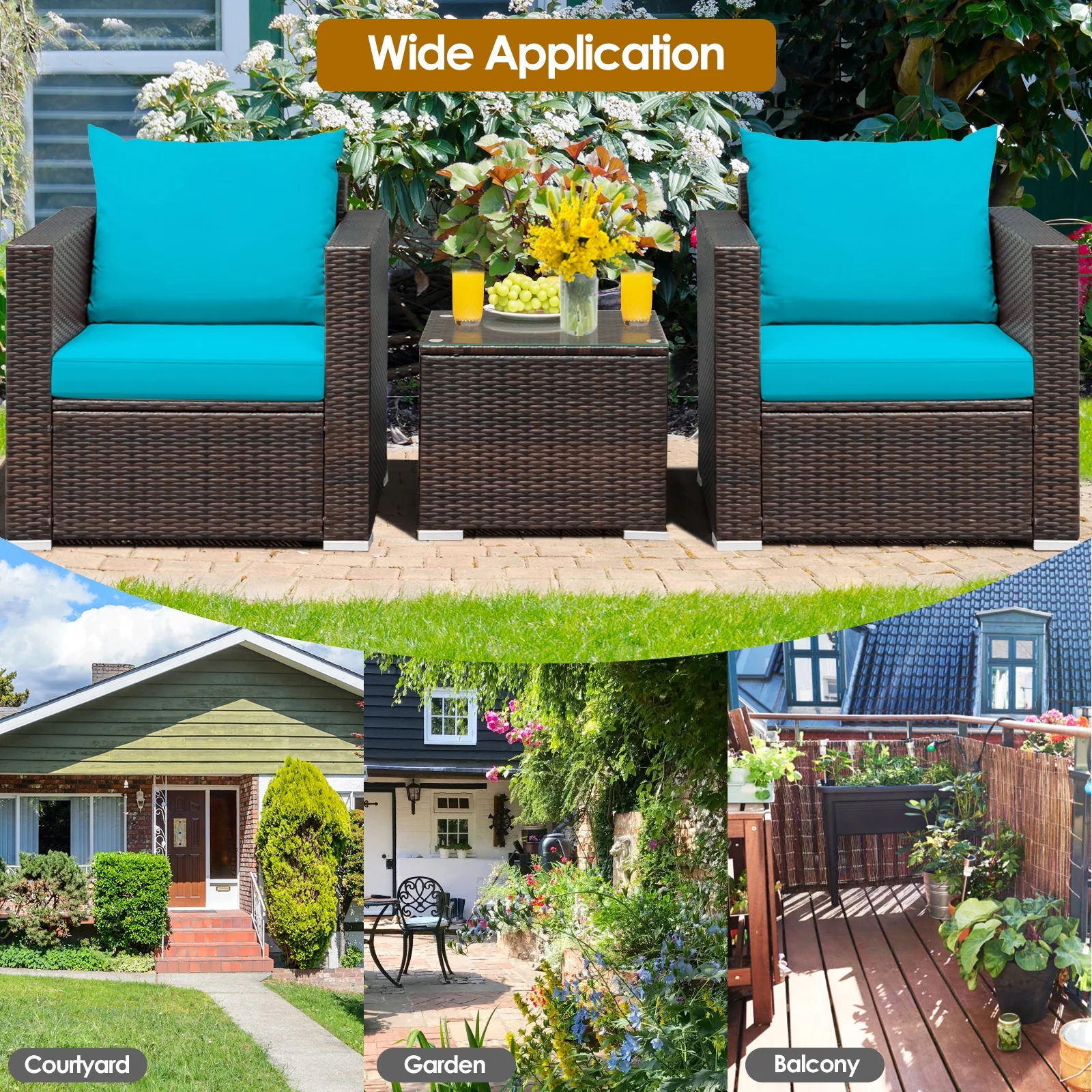3 Pc Patio Rattan Furniture Set With Cushion, Turquoise - Image 3