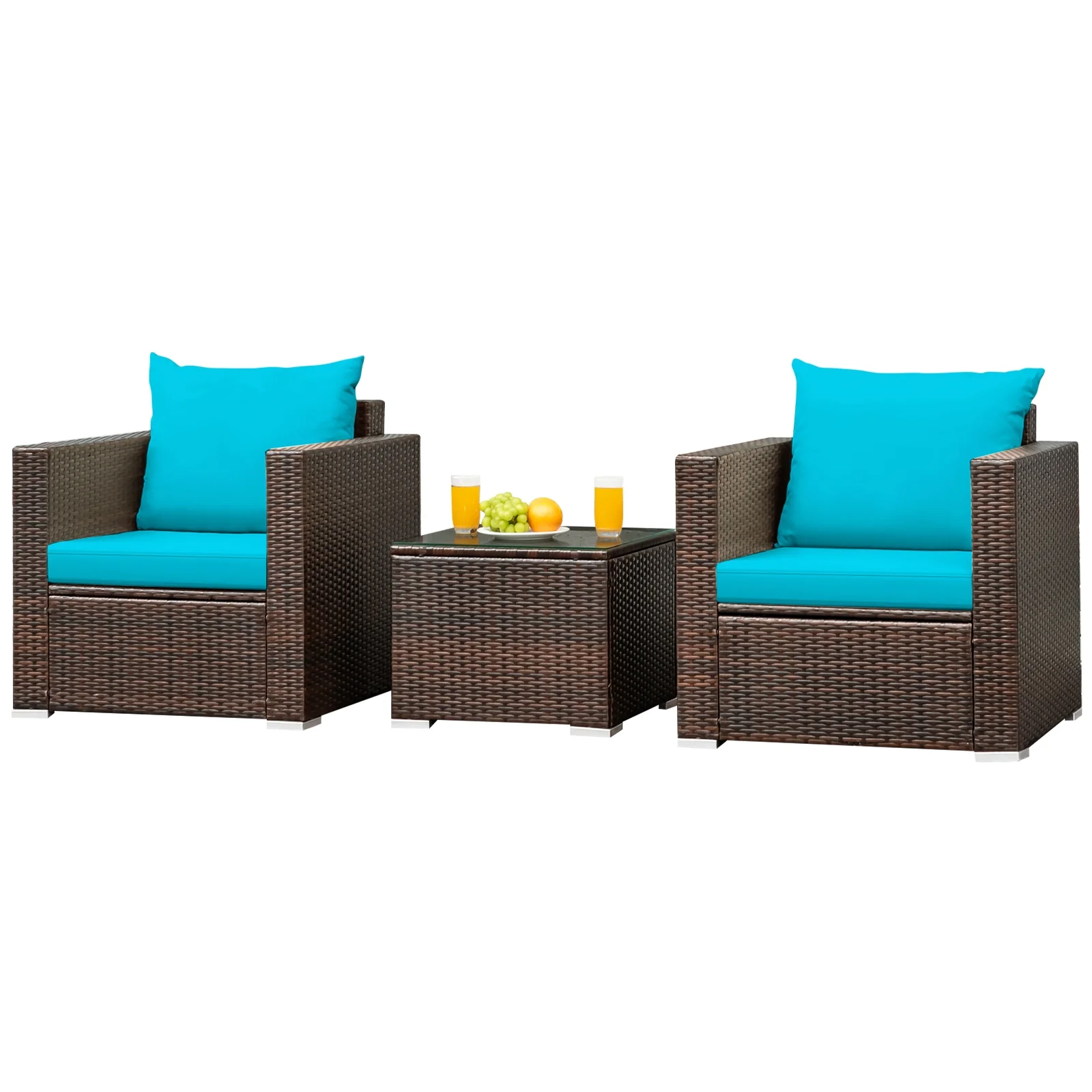 3 Pc Patio Rattan Furniture Set With Cushion, Turquoise - Image 4