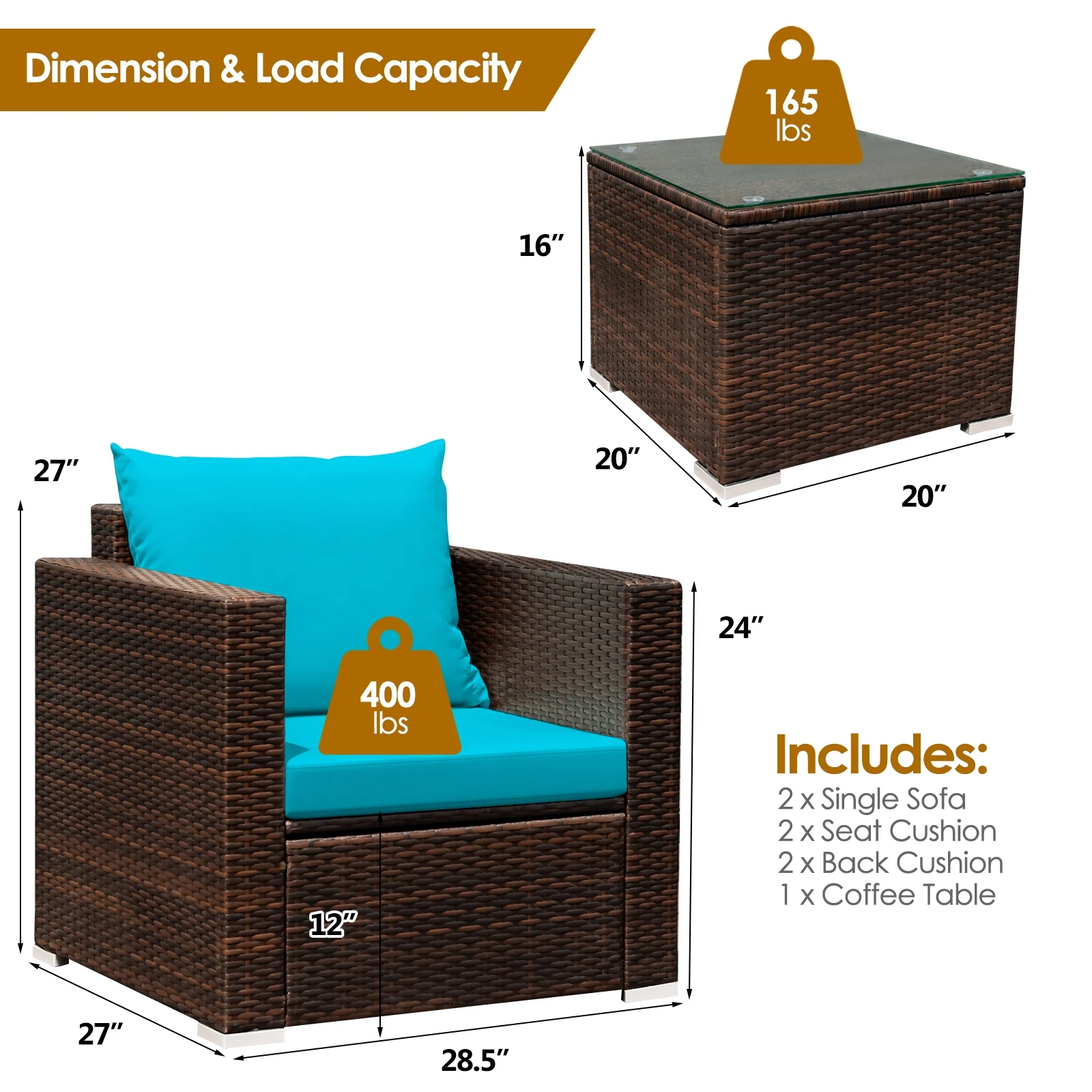 3 Pc Patio Rattan Furniture Set With Cushion, Turquoise - Image 5