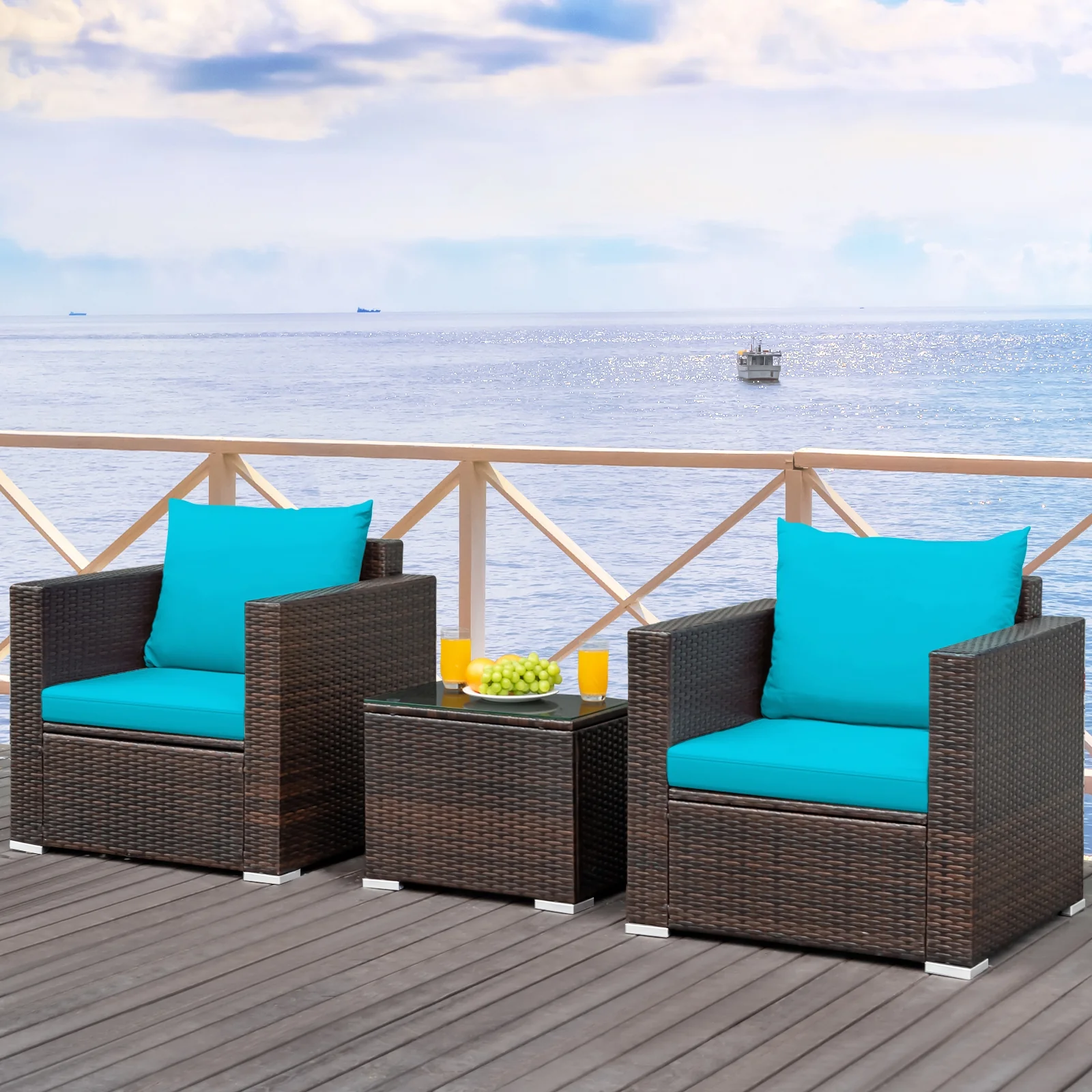 3 Pc Patio Rattan Furniture Set With Cushion, Turquoise - Image 7