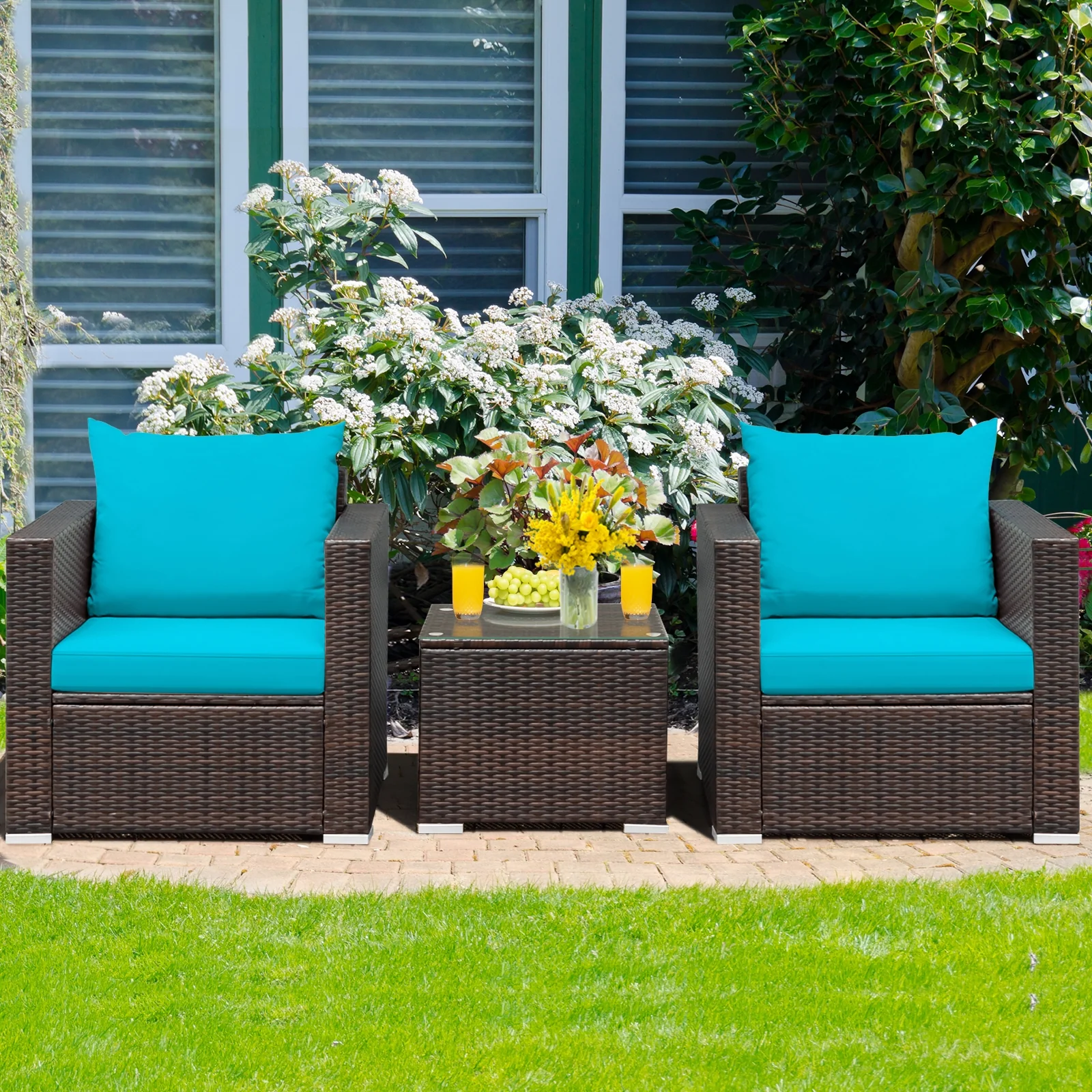 3 Pc Patio Rattan Furniture Set With Cushion, Turquoise - Image 8