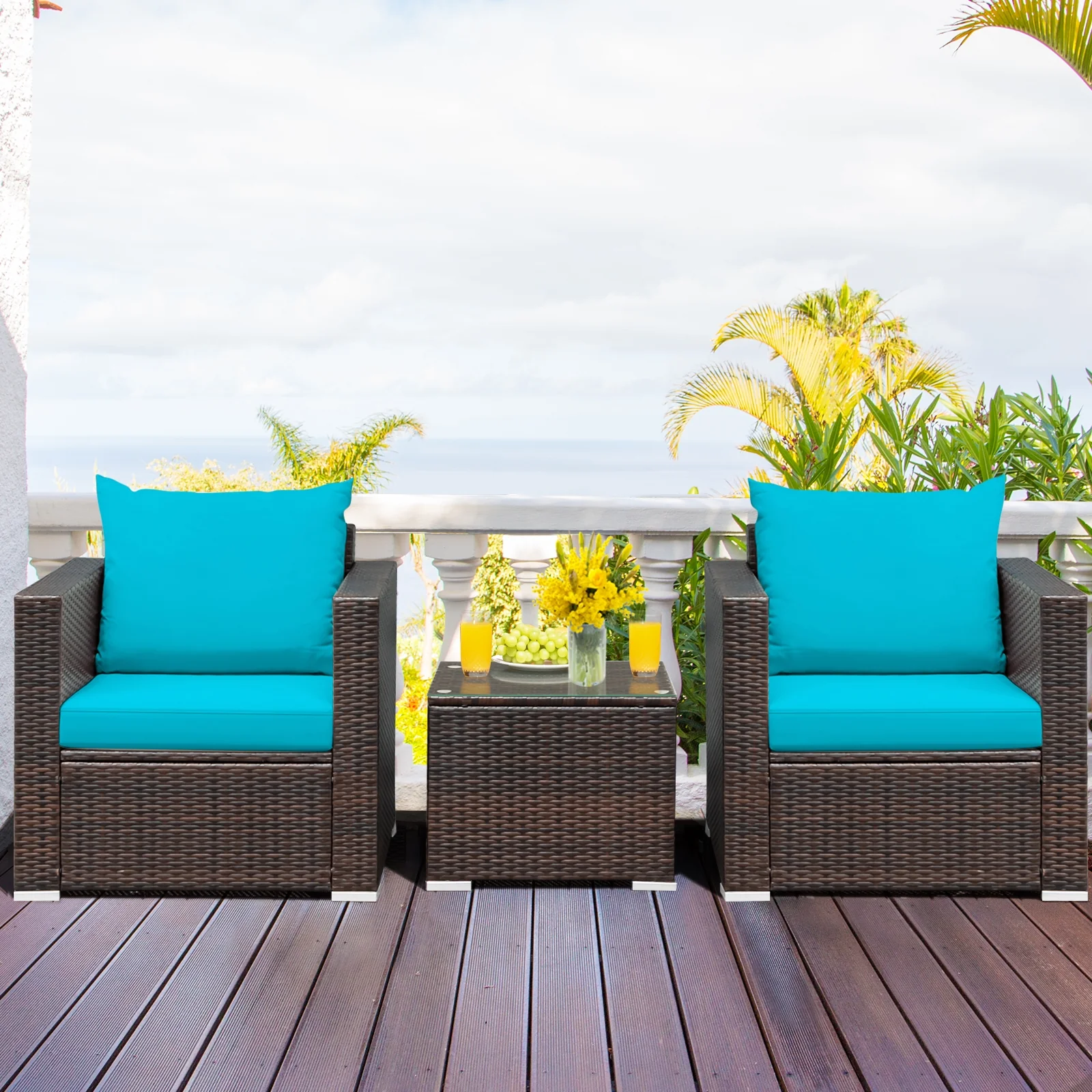 3 Pc Patio Rattan Furniture Set With Cushion, Turquoise - Image 9
