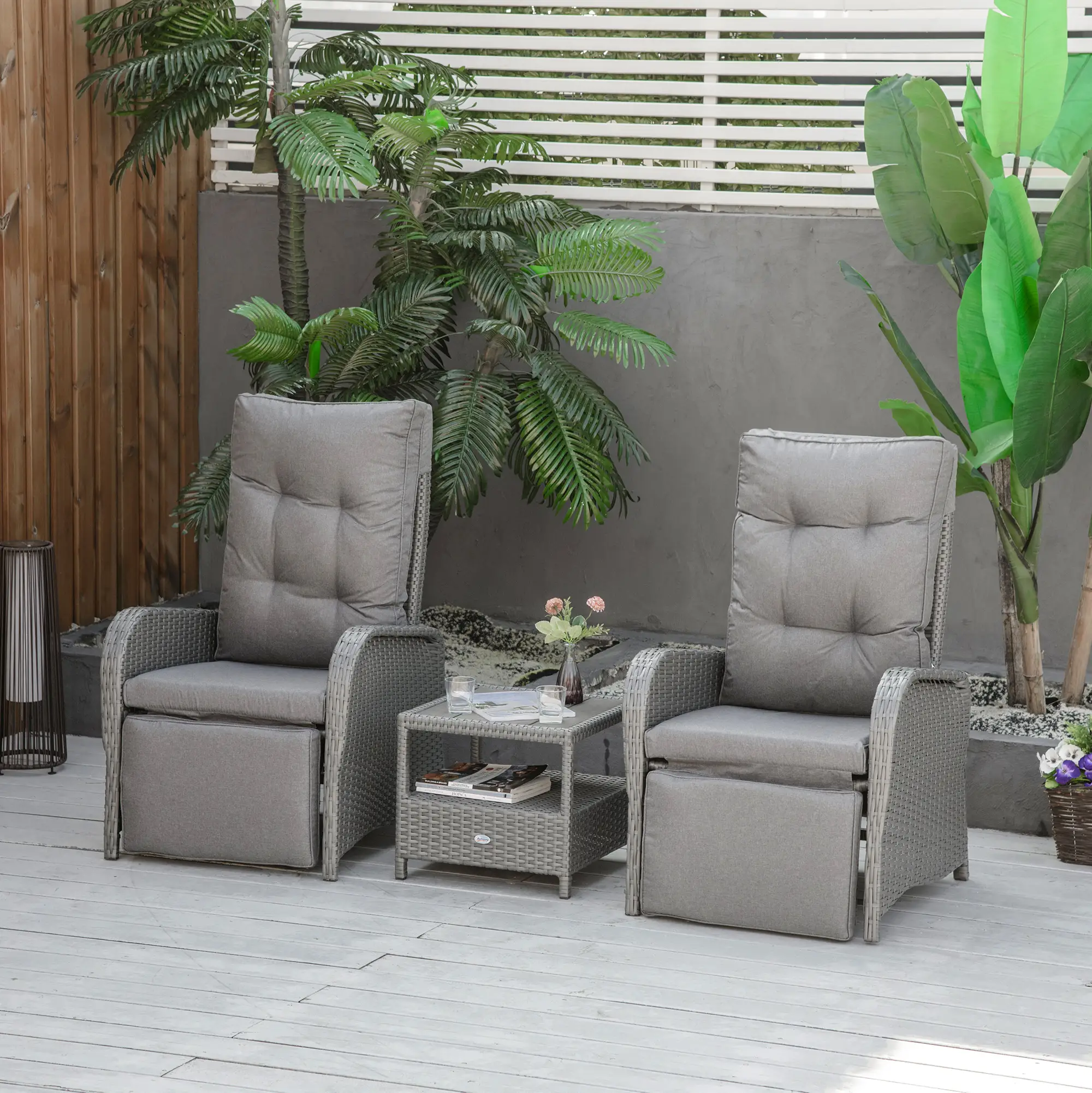 3 Pc Patio Wicker Bistro Set, PE Rattan Table, Adjustable Chairs, Grey - Image 2