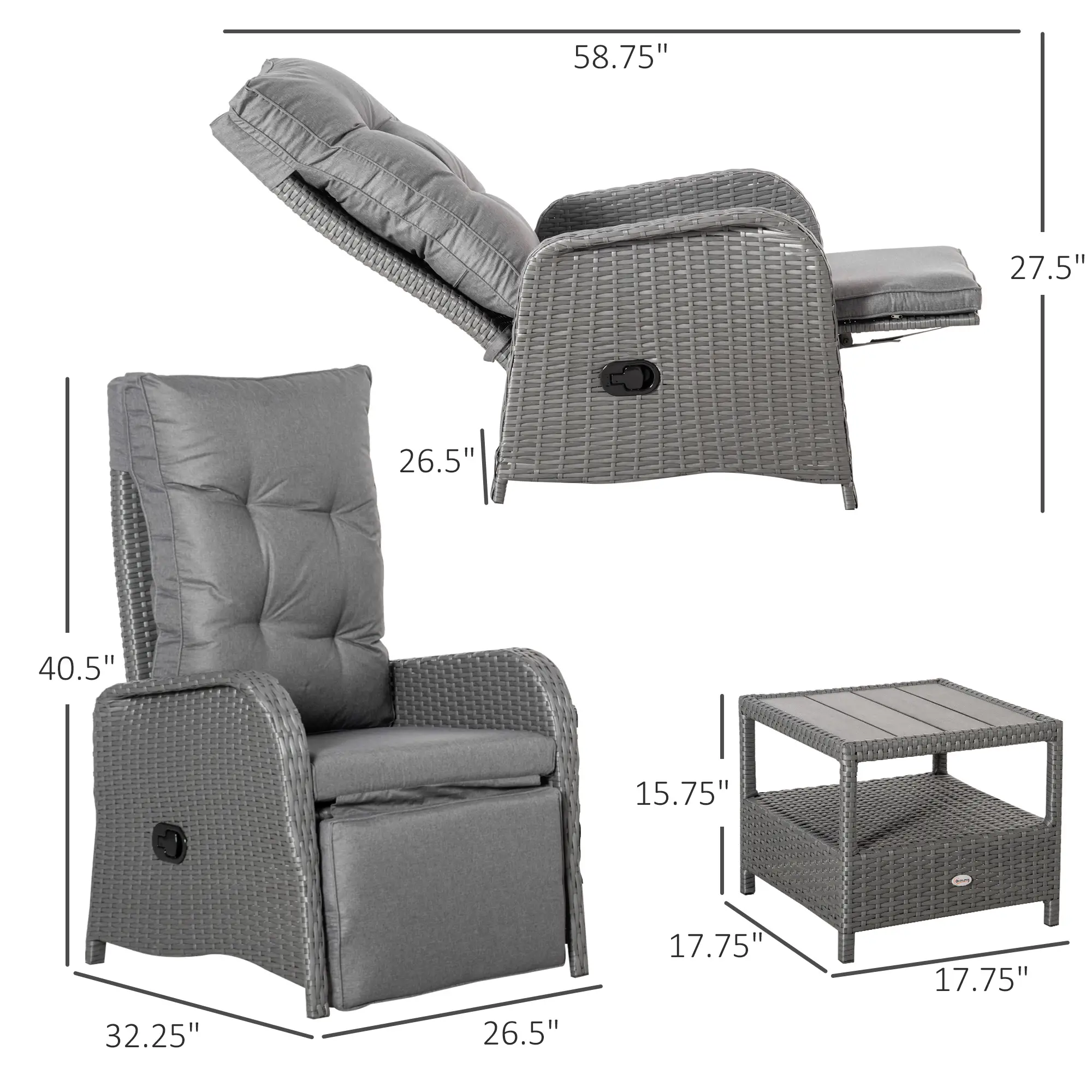 3 Pc Patio Wicker Bistro Set, PE Rattan Table, Adjustable Chairs, Grey - Image 3