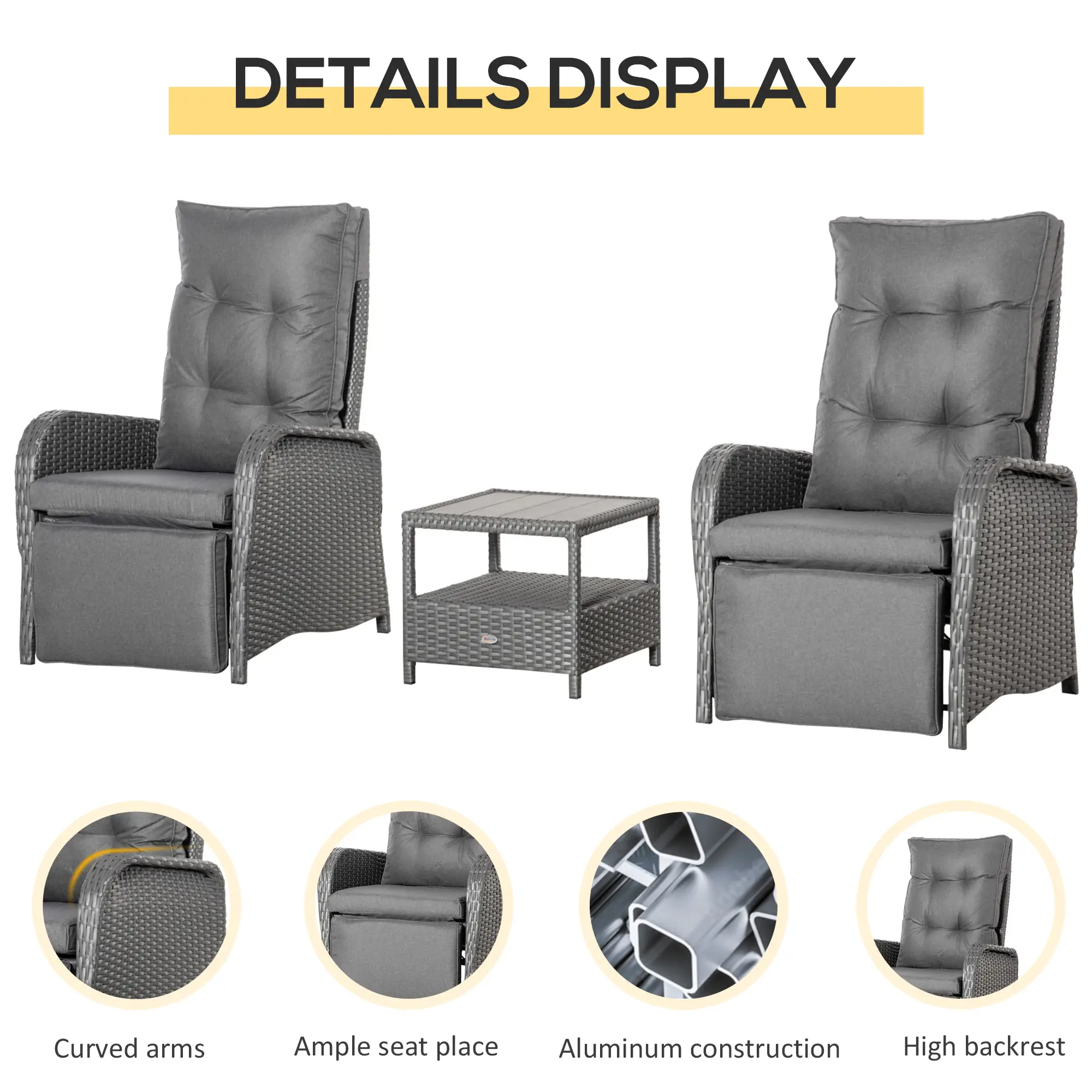 3 Pc Patio Wicker Bistro Set, PE Rattan Table, Adjustable Chairs, Grey - Image 6