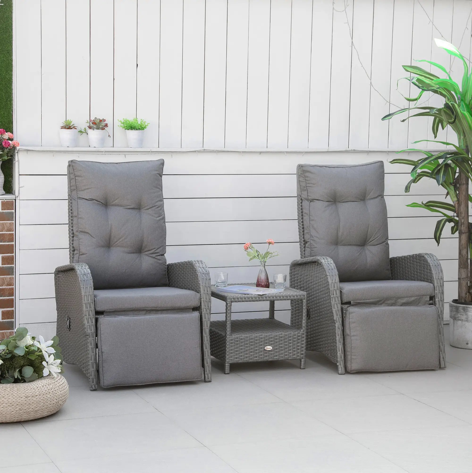 3 Pc Patio Wicker Bistro Set, PE Rattan Table, Adjustable Chairs, Grey - Image 8
