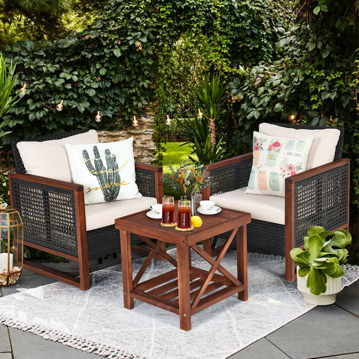 3 Pc Patio Wicker Sofa Set, Wood Frame, Cushion, Beige - Image 3