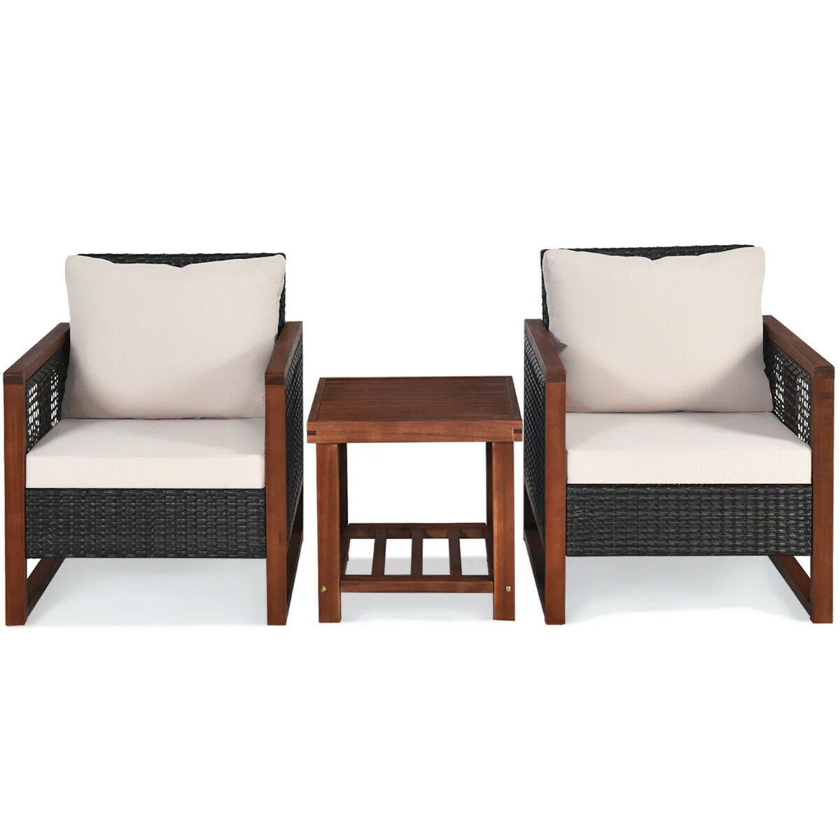 3 Pc Patio Wicker Sofa Set, Wood Frame, Cushion, Beige - Image 5