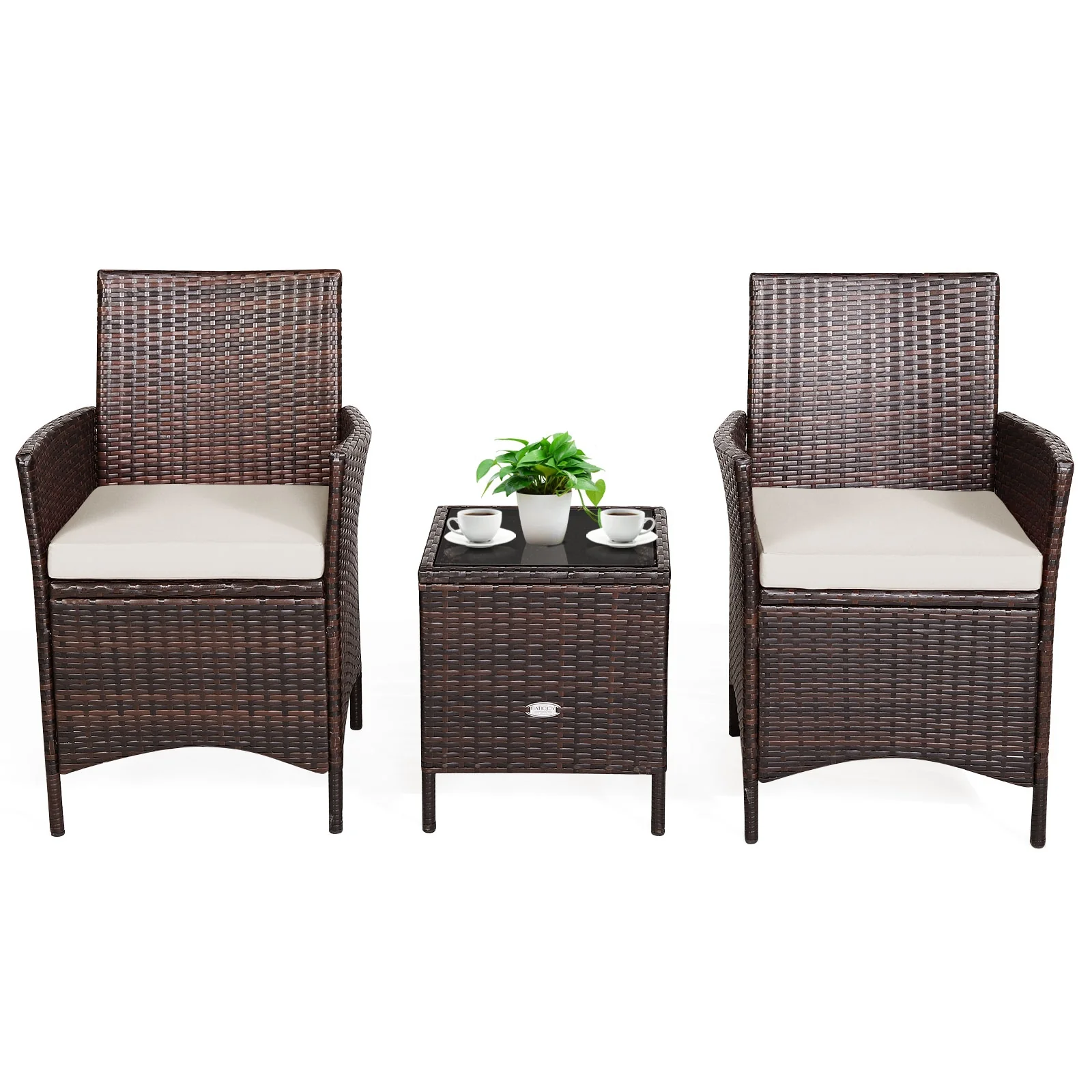 3 Pc Rattan Patio Furniture Set, Cushioned Sofa, Glass Tabletop, White - Image 10