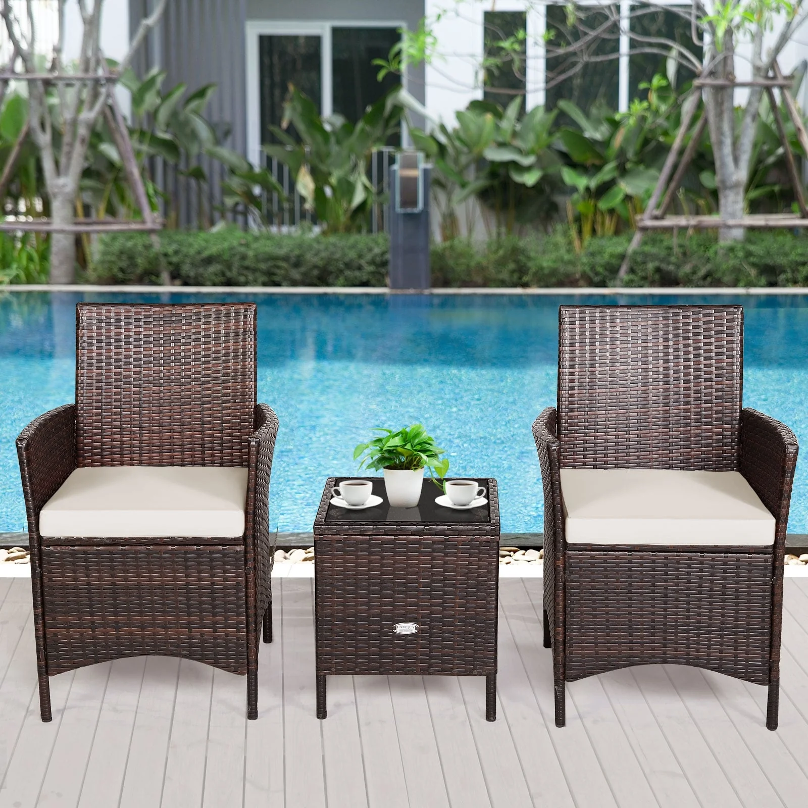 3 Pc Rattan Patio Furniture Set, Cushioned Sofa, Glass Tabletop, White - Image 2