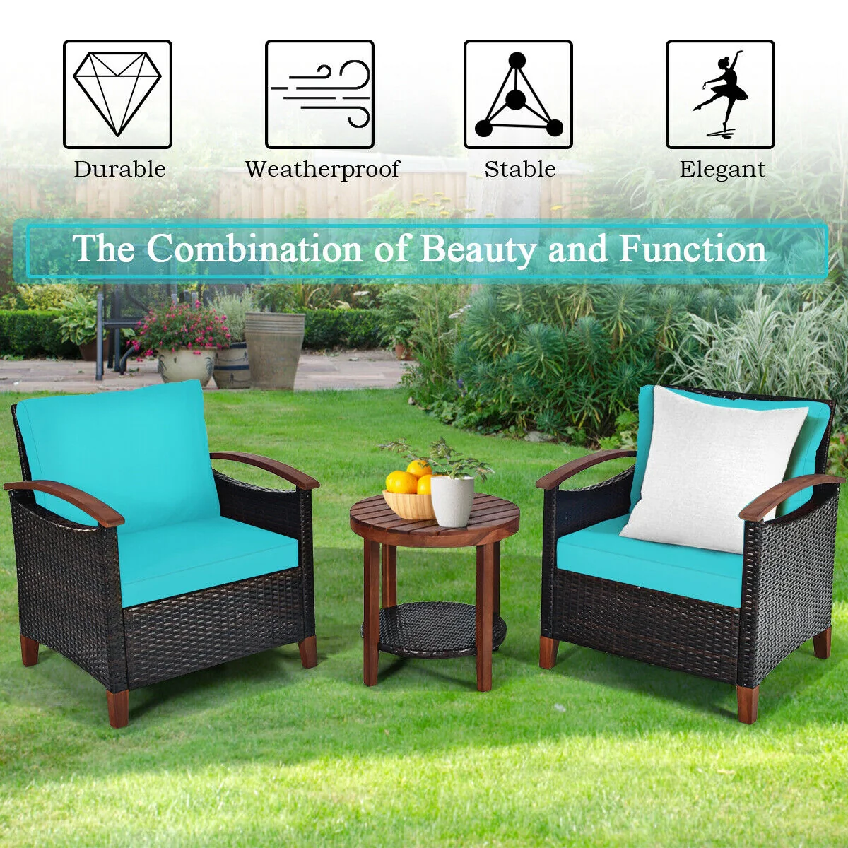 3 Pc Solid Wood Frame Patio Rattan Furniture Set, Turquoise - Image 3