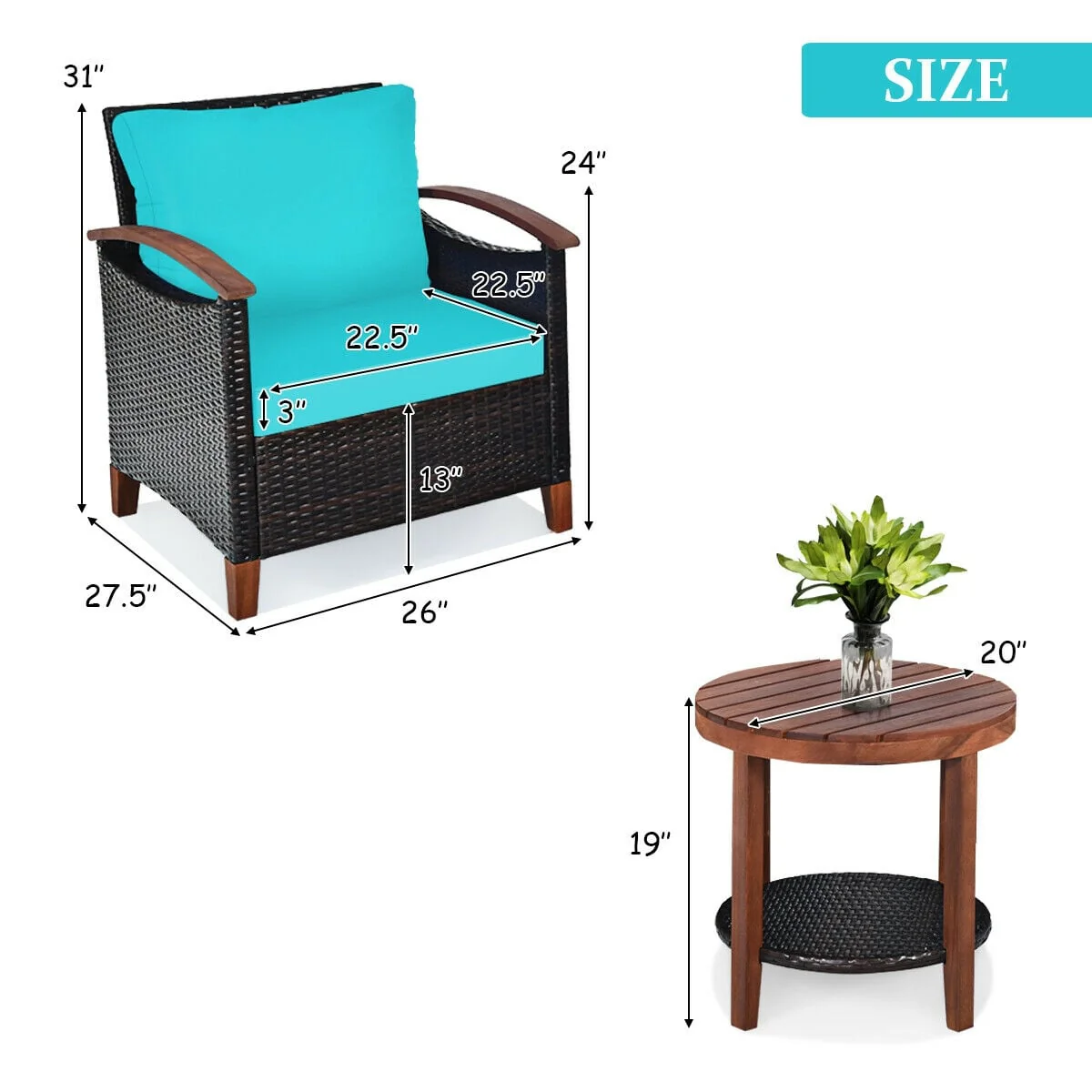 3 Pc Solid Wood Frame Patio Rattan Furniture Set, Turquoise - Image 5