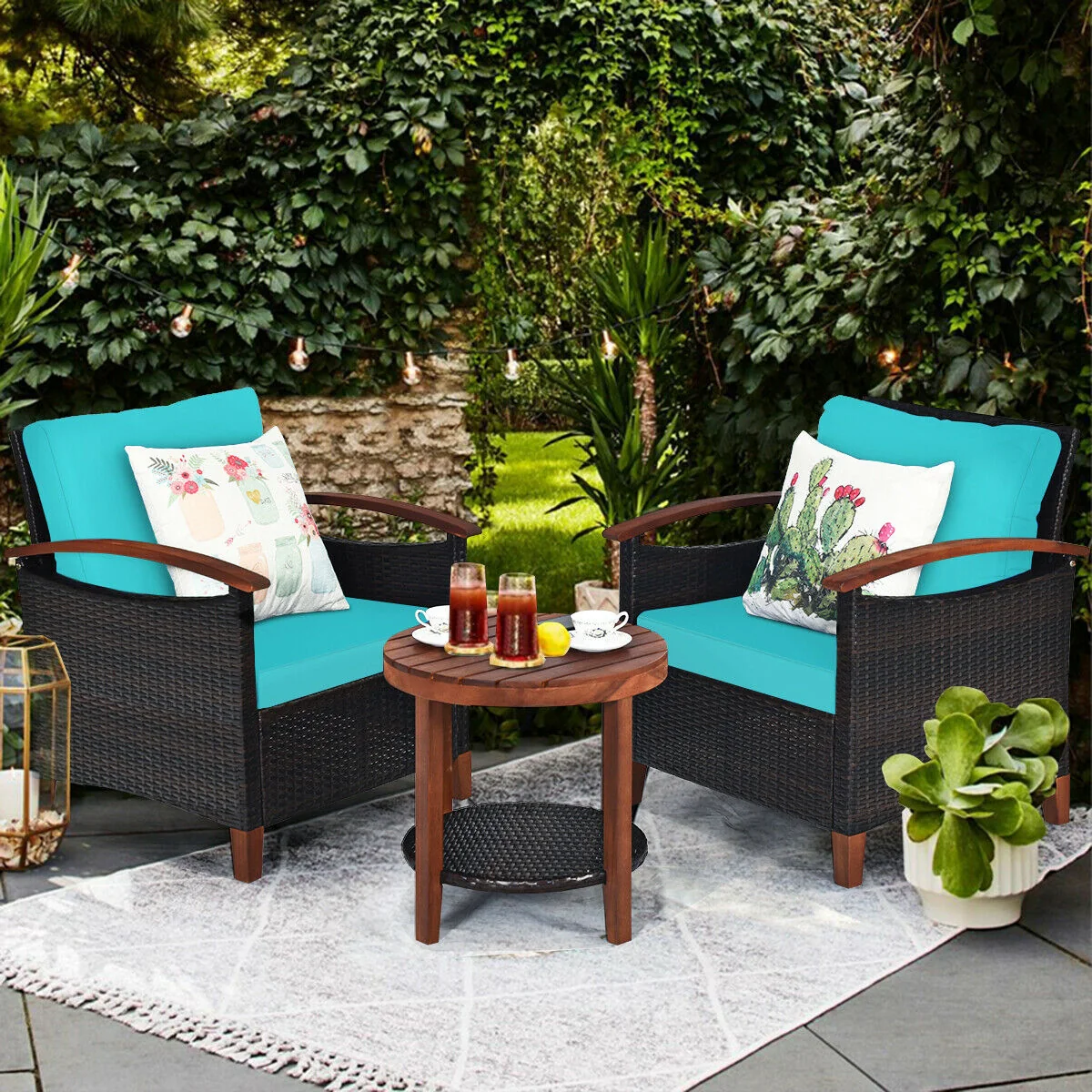 3 Pc Solid Wood Frame Patio Rattan Furniture Set, Turquoise - Image 7