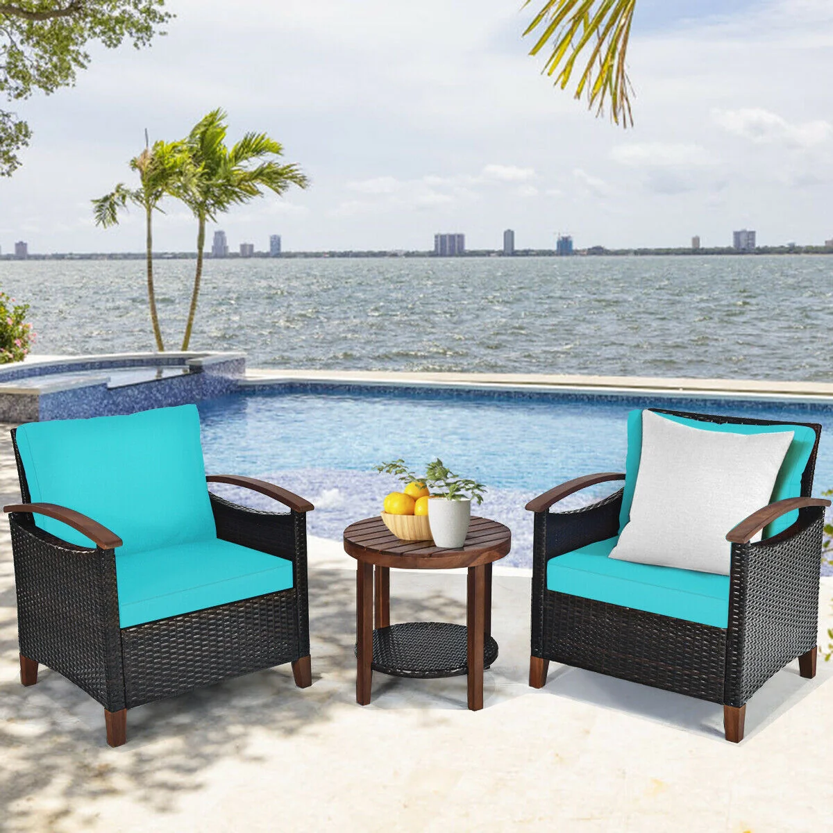 3 Pc Solid Wood Frame Patio Rattan Furniture Set, Turquoise - Image 8