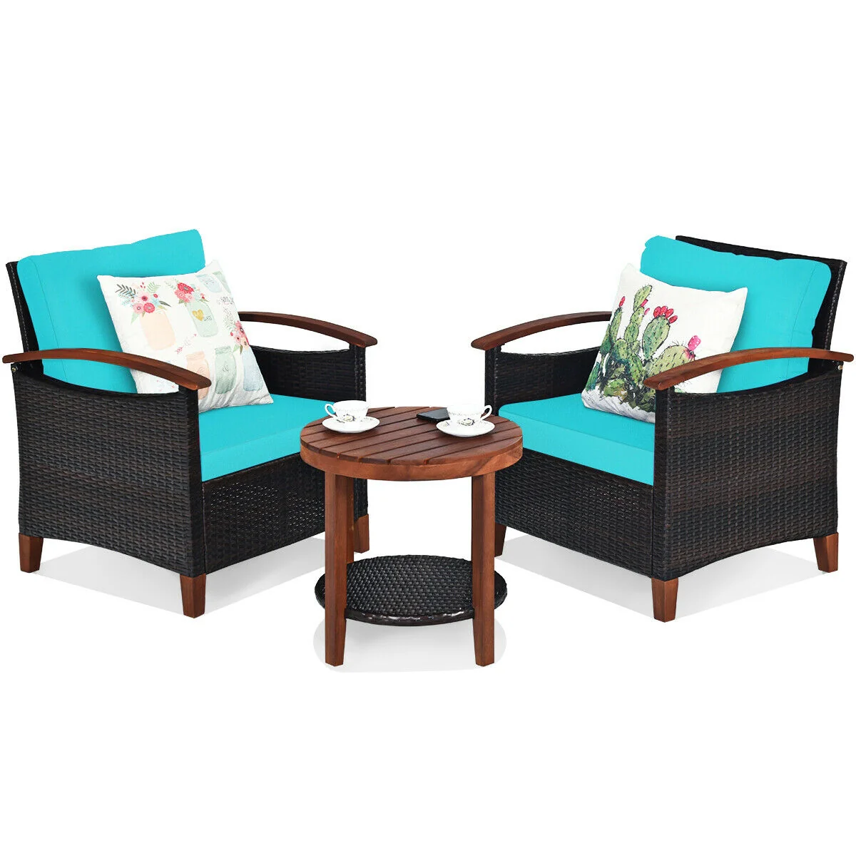 3 Pc Solid Wood Frame Patio Rattan Furniture Set, Turquoise - Image 9