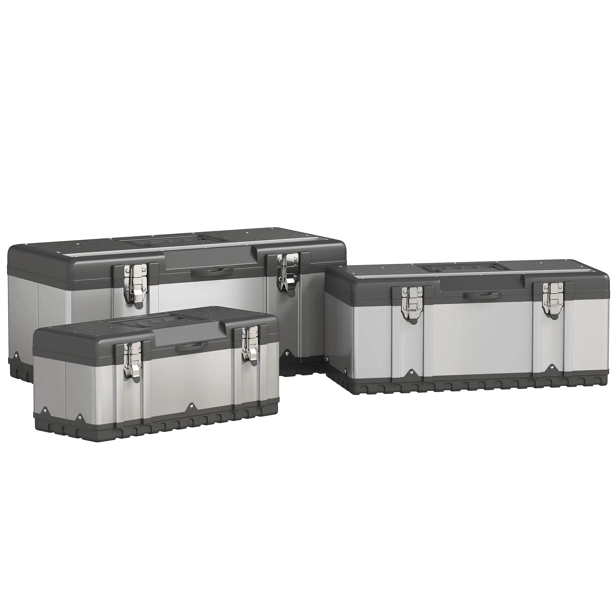 3 Pc Stainless Steel Tool Box Set, With Tray, Handles, Latches