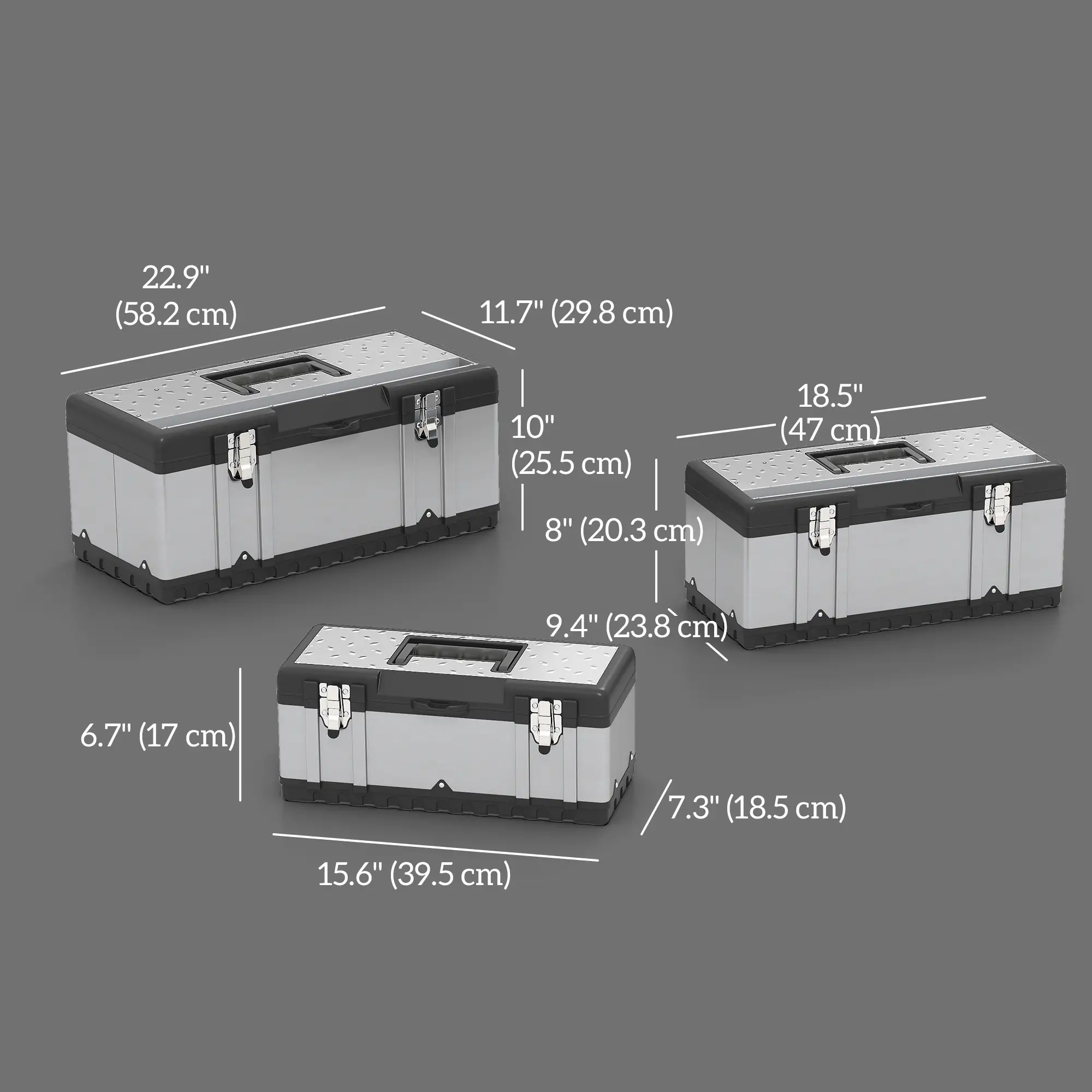 3 Pc Stainless Steel Tool Box Set, With Tray, Handles, Latches - Image 3