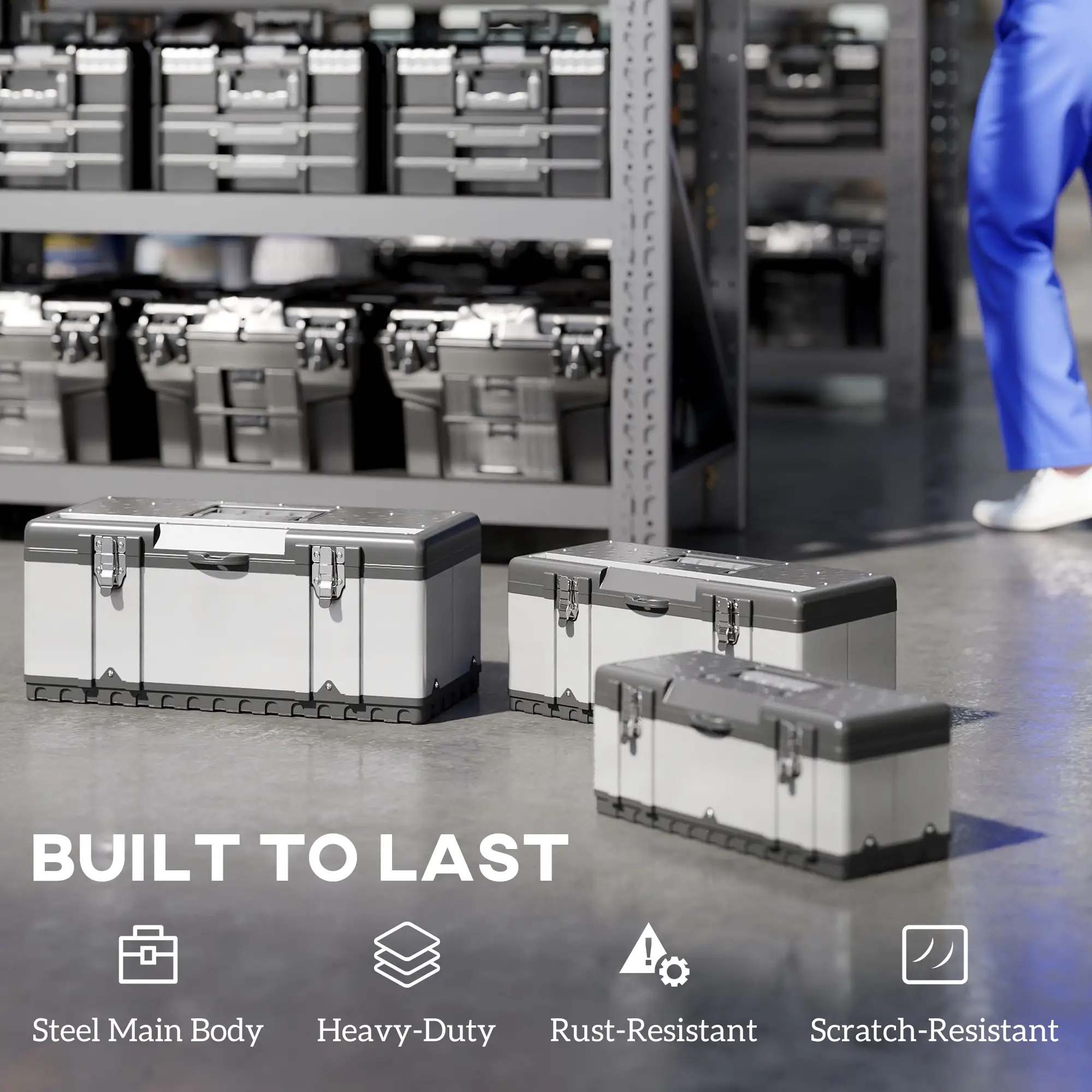 3 Pc Stainless Steel Tool Box Set, With Tray, Handles, Latches - Image 5