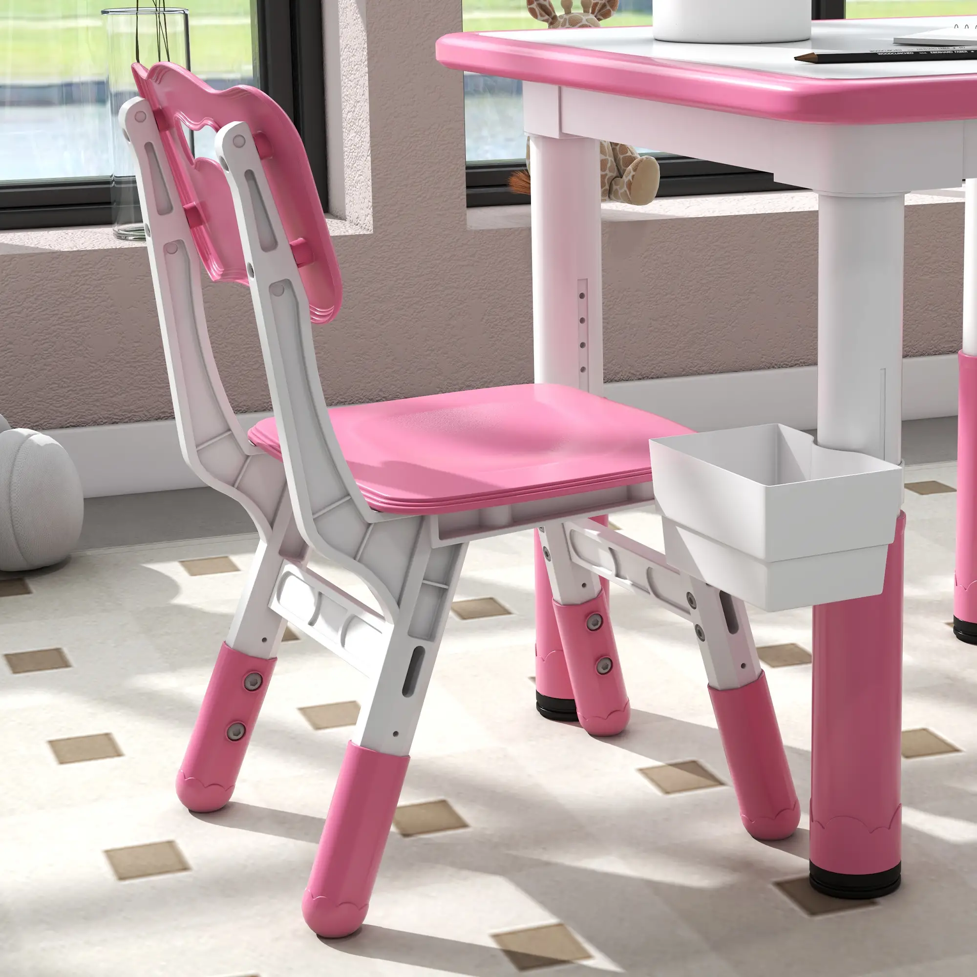 3 Pc Toddler Table Chair Set, Adjustable Height w/ Storage, Playroom, Pink - Image 10